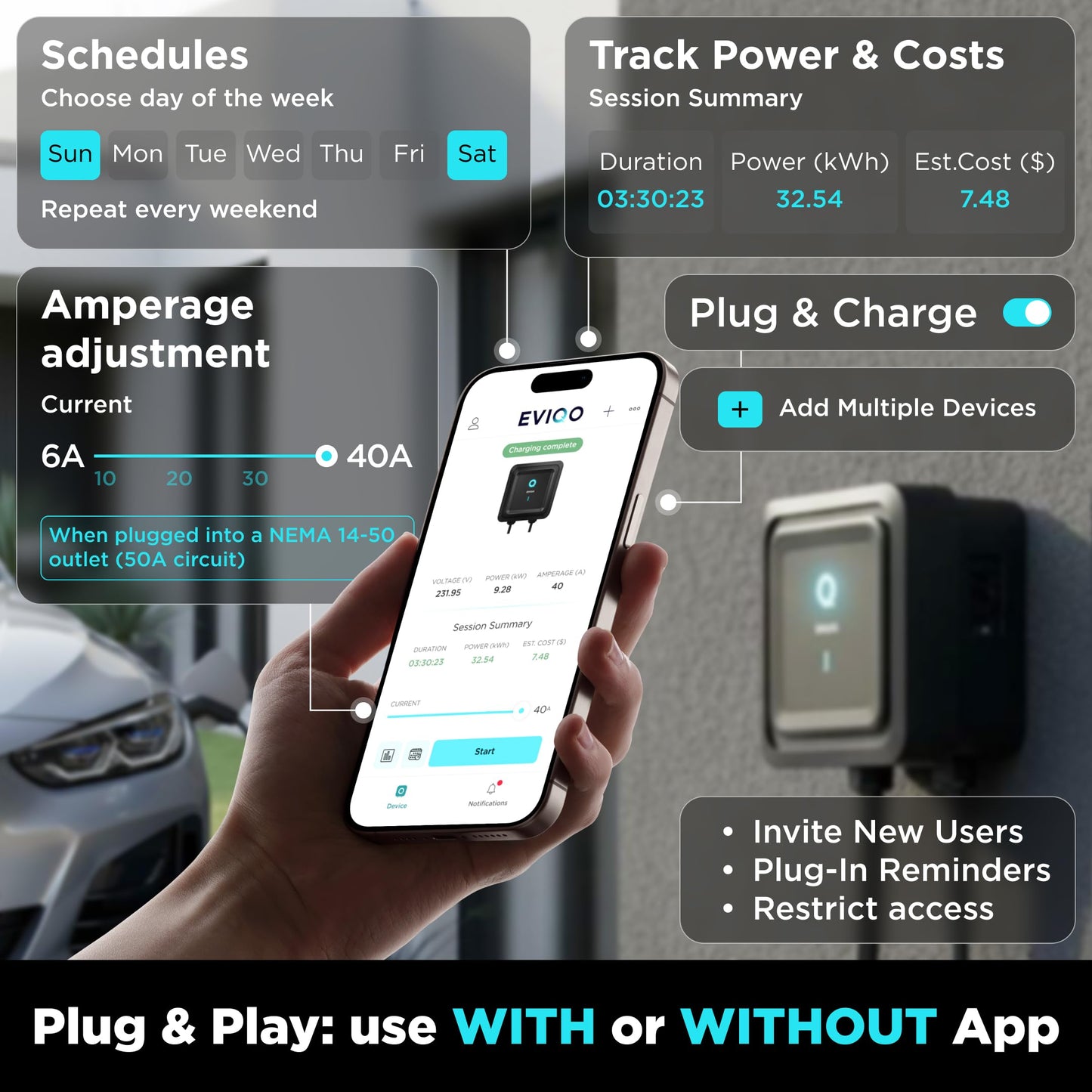 EVIQO NACS Charger for Tesla 40 Amp Plug-in Level 2 EV Charger w NEMA 14-50 Plug, Wall EV Charger Level 2, 25ft Cable, WiFi (2.4 GHz) Smart App - Weatherproof, Outdoor (IP66,NEMA 4) UL, ETL Certified