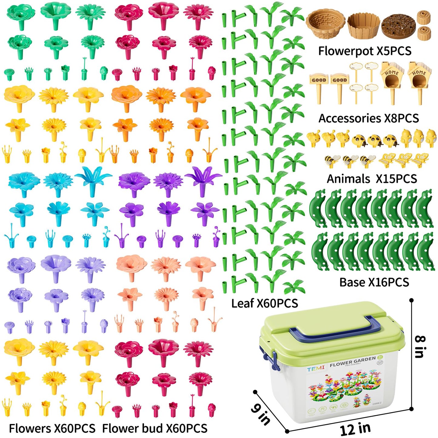 TEMI 224 PCS Flower Garden Building Toys for Girls Toys, Educational STEM Toy and Preschool Garden Play Set for Toddlers 3 4 5 6 7 8 Year Old Kids Boys Girls, Flower Stacking Toys for Kids Age 3-8