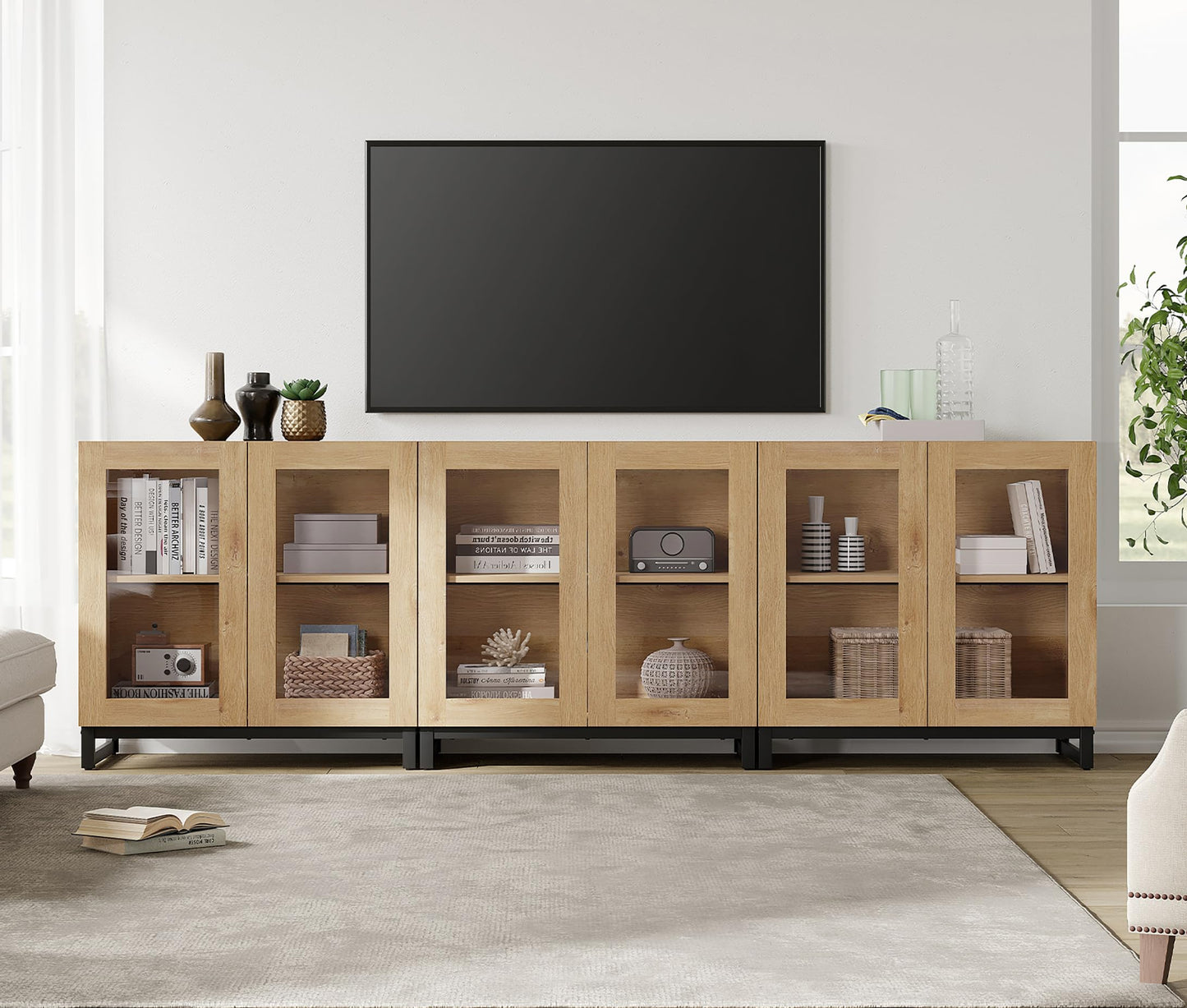 WAMPAT Modern TV Stand with Glass Doors for 110 inch TVs, 3 in 1 Entertainment Center Console with Adjustable Shelves and Metal Base for Living Room, Bedroom, Oak