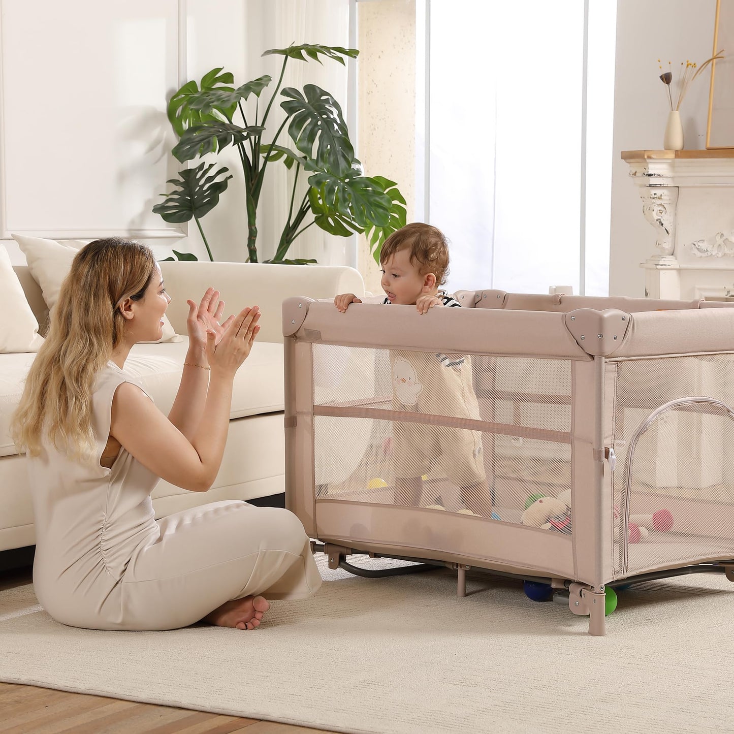 4 in 1 Pack and Play, Portable Travel Baby Bassinet, Foldable Travel Playard Playpen for Toddler, Bedside Crib Sleeper, Diaper Changer Table, Baby Playard for Newborn (Champagne)