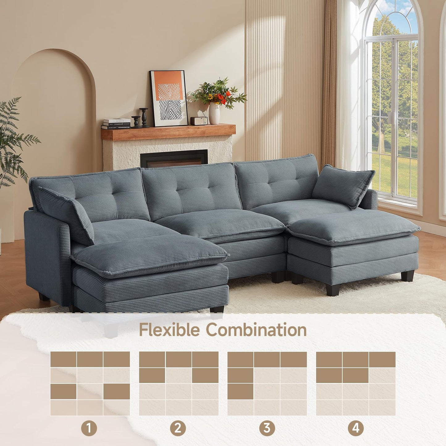 Amsleekey Modular Sectional Sofa, 111.5" U-Shaped Corduroy Comfy Sectional Couches for Living Room, 3-Seater Cloud Couches with 2 Movable Ottomans, Flexible Combination Modern Deep Seat Sofa (Grey)