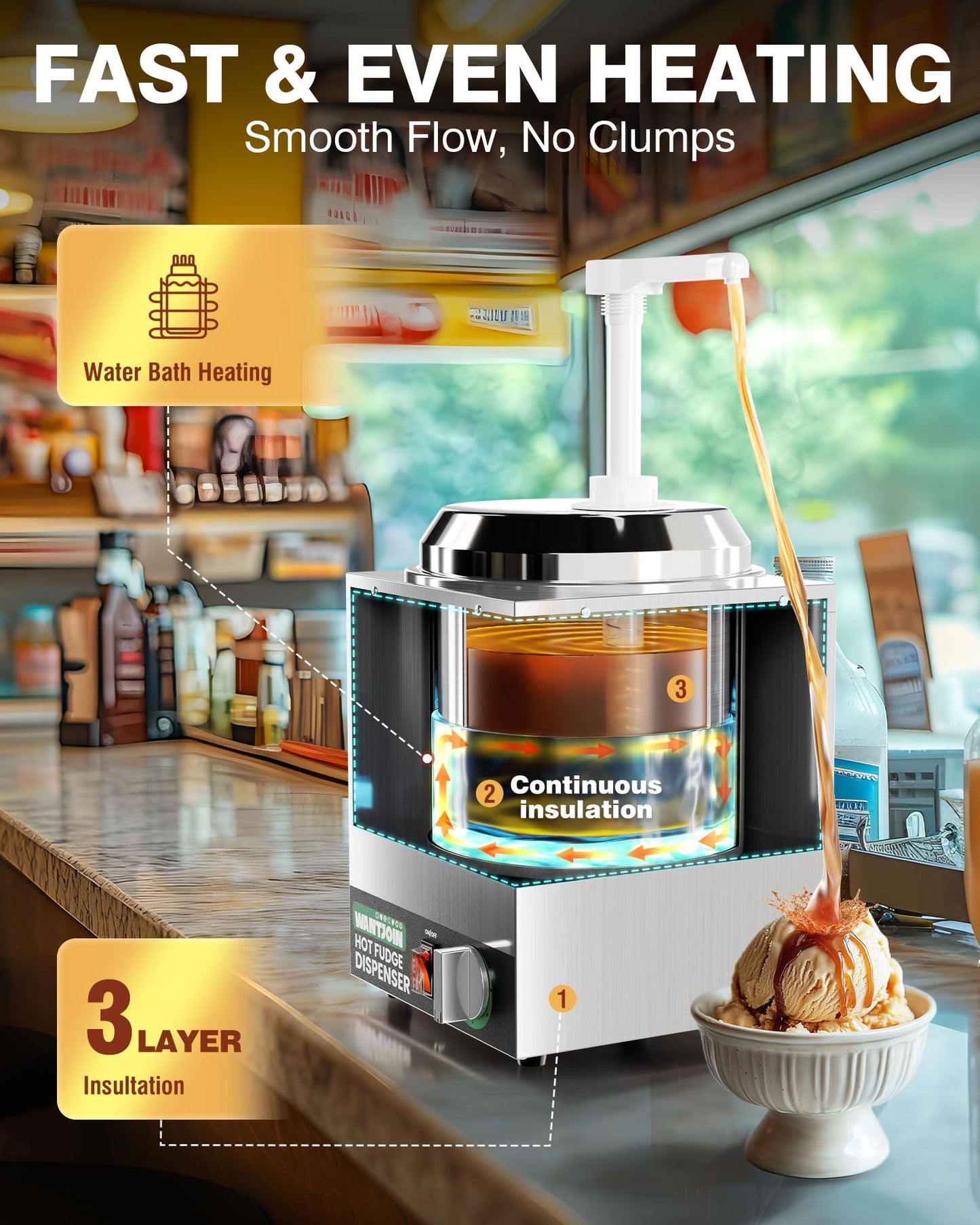 WantJoin 2.8Qt Nacho Cheese Dispenser with Pump Nacho Cheese Warmer,Stainless Steel Hot Fudge Warmer W/5-Level Temperature Adjustment,Commercial Hot Fudge Dispenser for Caramel