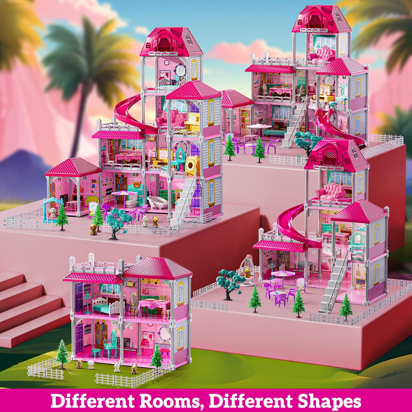 JUKUDAHU Villa Playset for Girls Ages 3-7, 4-Storey House with 10 Rooms, 2 Dolls, Furniture and Accessories, Indoor Playset Girls Toys for Ages 6-8, Pretend Toddler Toys, Birthday Gifts for Kids 4-8