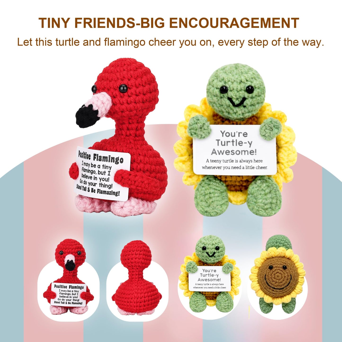 Ella & Emma 4PCS Cute Crochet Animal Dolls with Positive Cards, Easter Basket Stuffers for Teens, Handmade Emotional Support Gifts for Friends, Women & Men, Funny Desk Decor for Easter Birthday