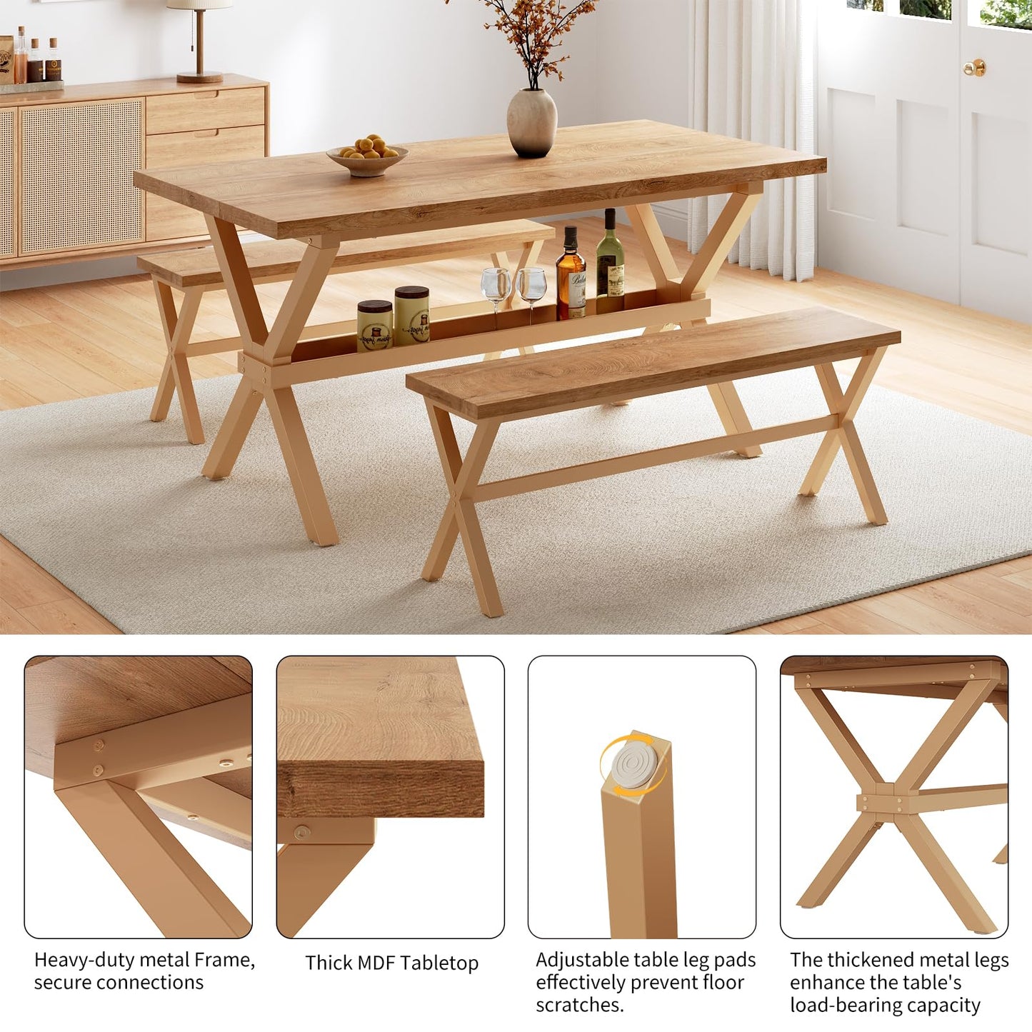 HIPIHOM 63" Dining Table Set with 2 Dining Benches for 4, Scratch Resistance MDF Kitchen Table with Sturdy Metal Legs, Small Dining Table Sets for 4 for Family Gatherings