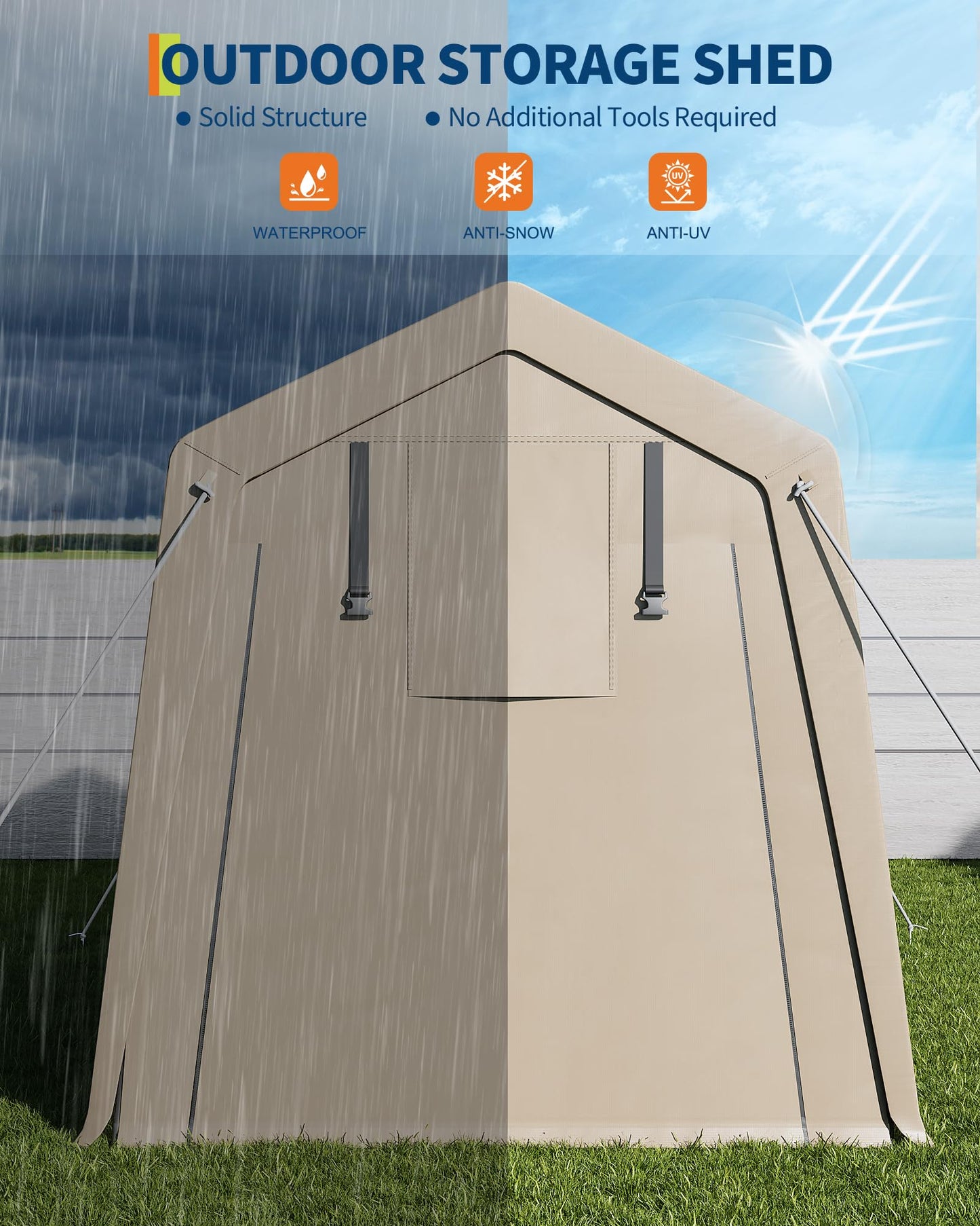 Heavy-Duty 7x10 ft Outdoor Storage Shed, All-Weather Portable Garage with 2 Roll-Up Zipper Doors, Waterproof & UV-Resistant Carport for Motorcycle, ATV, and Garden Tools