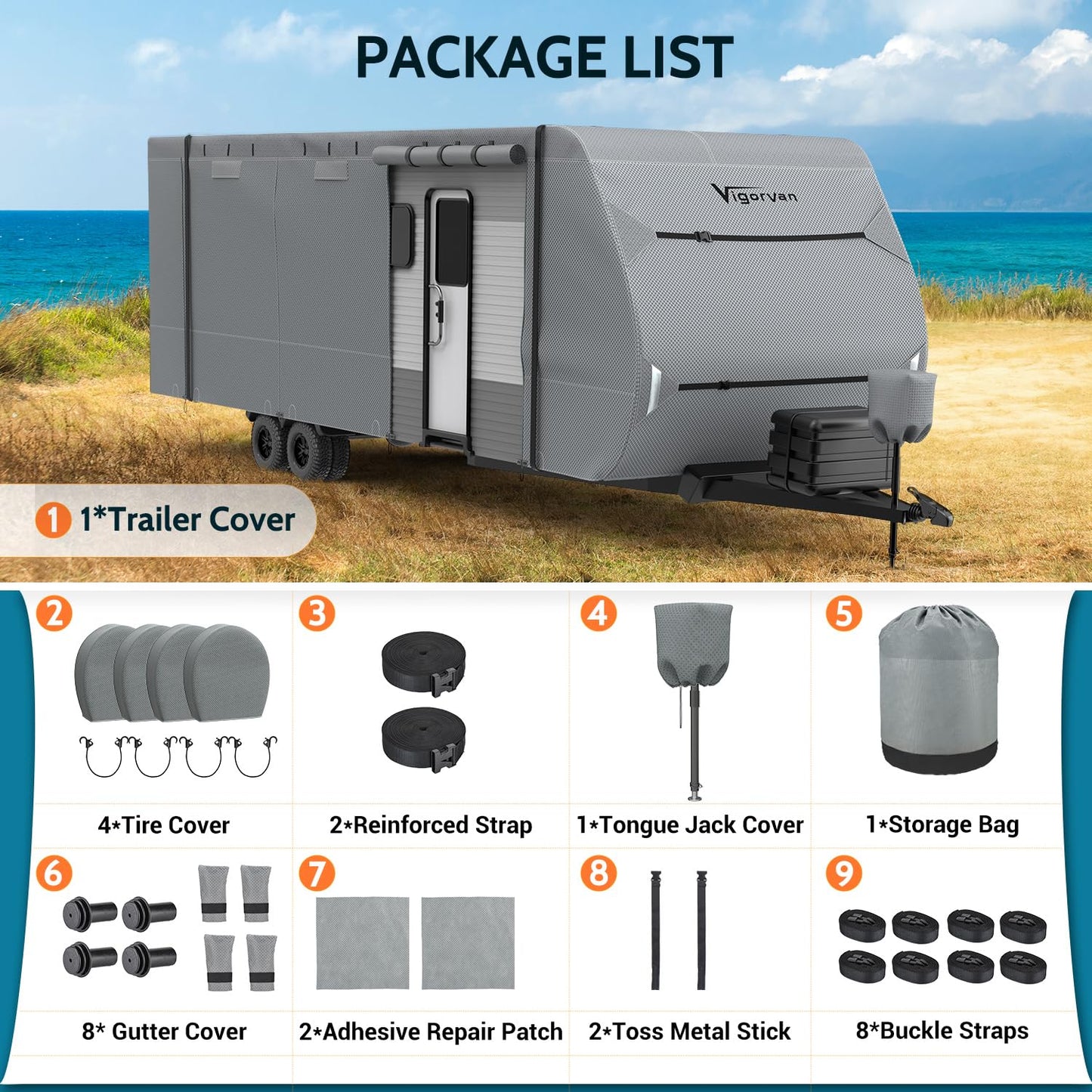 RV Cover Vigorvan Upgrad 7 Layers Top Camper Cover Windproof Travel Trailer Cover for 27-30FT RV, Toy Hauler Cover with Tongue Jack Cover, Extra Windproof Ropes, Gutter Covers