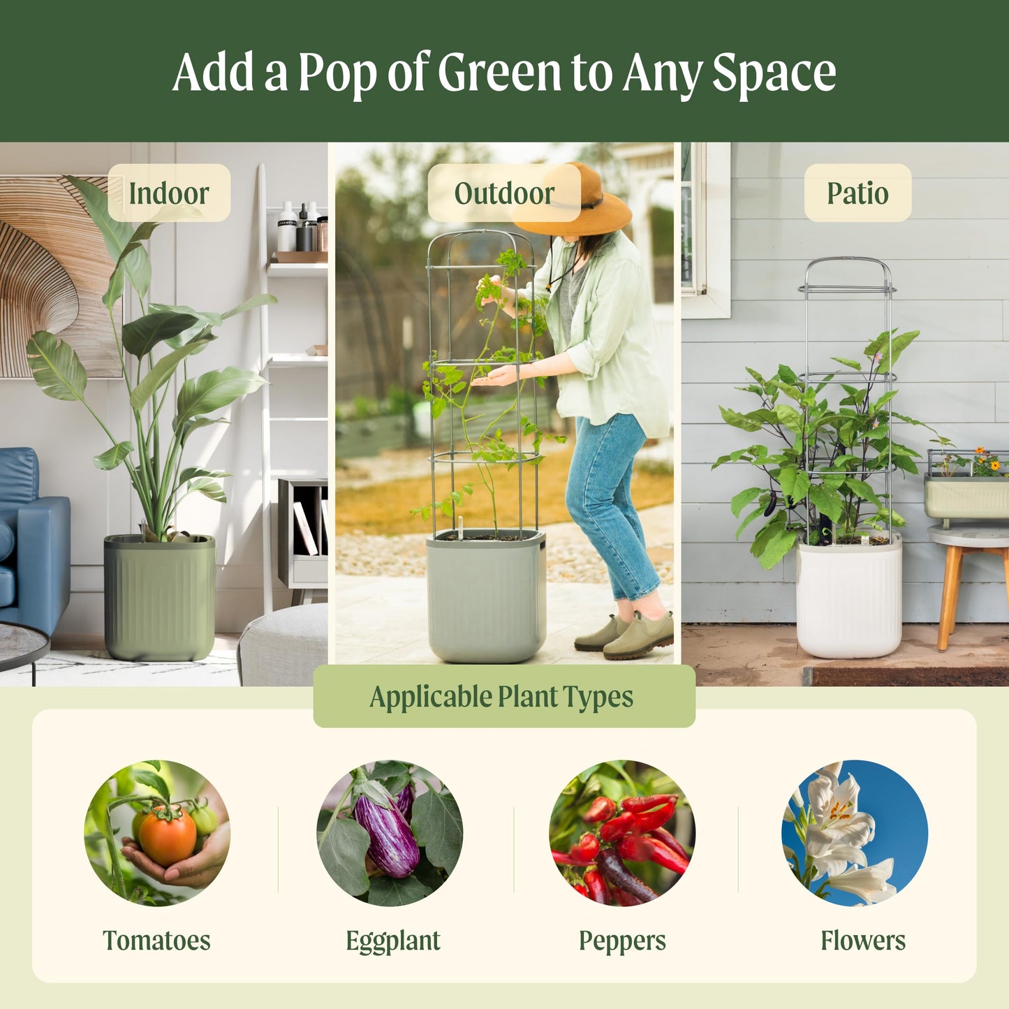 Vego garden Tomato Planter Box with Trellis Self-Watering Rolling Raised Garden Bed for Climbing Vegetables Plants Cage - Sage Green