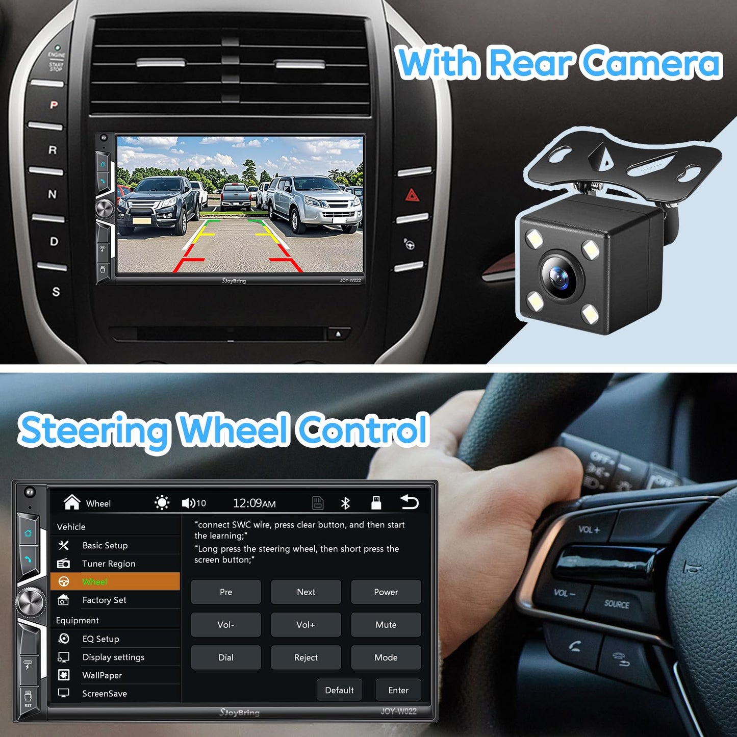 SJoyBring 7" QLED Double Din Car Stereo - Wireless Apple CarPlay & Android Auto, 240W 4.2CHN, SWC, Bluetooth, FM/AM Car Radio, 2 Subwoofers Outputs, Backup Camera