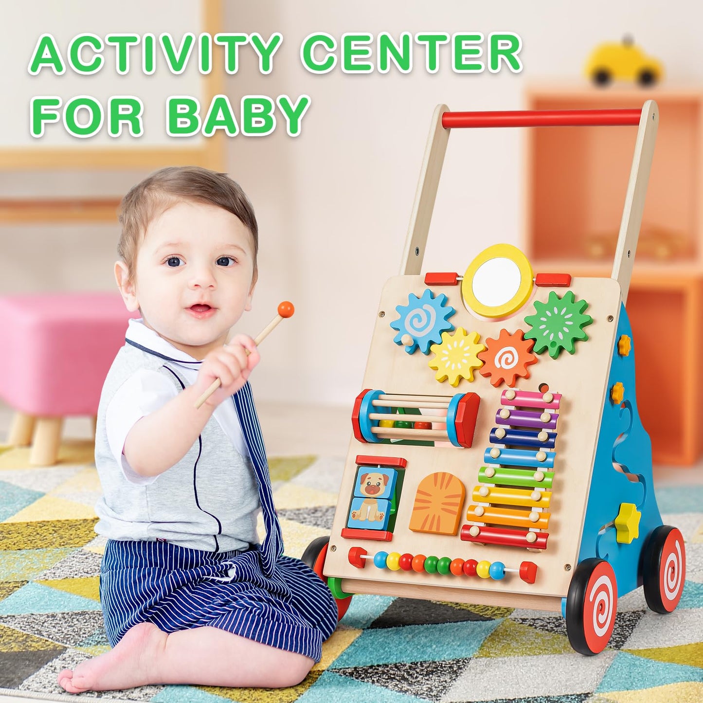 HUZU Wooden Baby Walker with Wheels, Montessori Push and Pull Activity Center for Toddlers, Adjustable Height & Speed, Learning Toy for 6-12 Months 1-3 Years Old Boys and Girls (Rainbow)