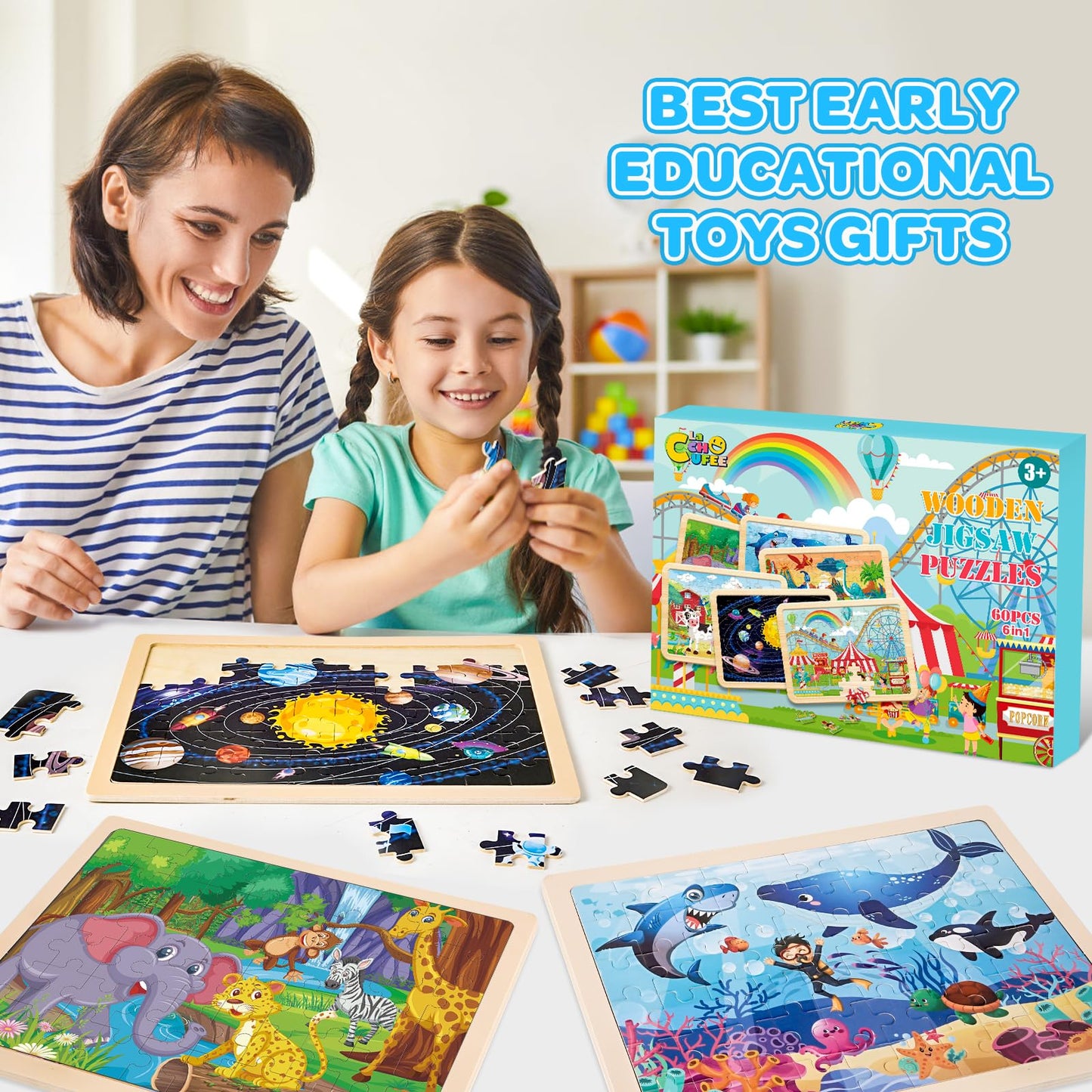 LACCHOUFEE 6 Pack Wooden Vehicle Puzzles for Kids Age 3 4 5 Year Old, 60 Pcs Montessori Toddler Animals Jigsaw Puzzles for Girl boy Activities Preschool Learning Birthday Gift Travel Autistic Toy