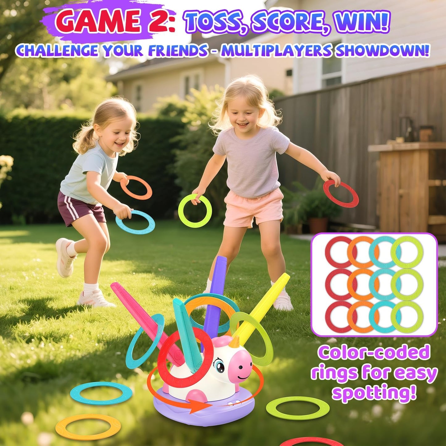 3 in 1 Unicorn Rocket Launcher, Ring Toss & Musical Jump, Outdoor Jumping Spinning Toy for Kids Ages 3-8, Indoor Active Play Set for Boys Girls, STEM Learning Birthday Gift for 3 4 5 6 7 8 Years Old