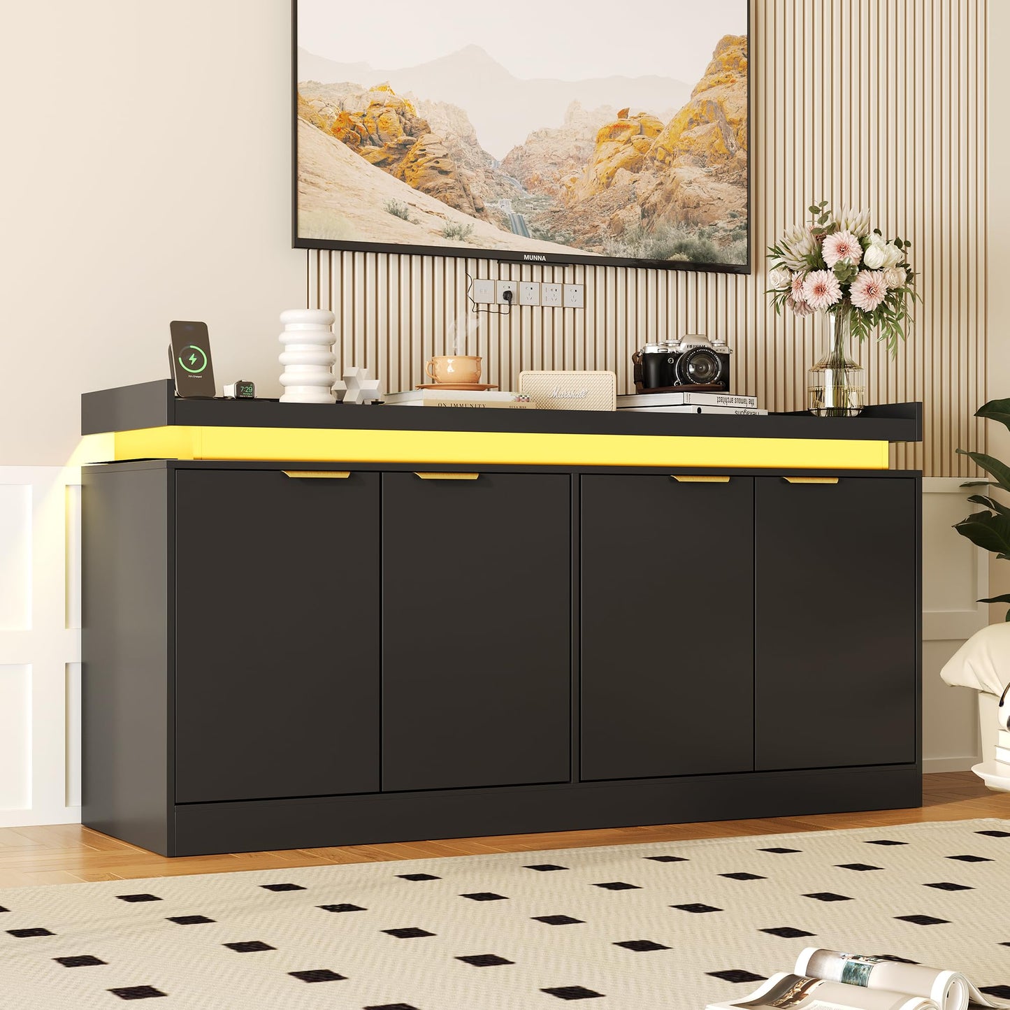 knoworld LED Sideboard Buffet Cabinet with Storage, 63'' Large Kitchen Buffet Cabinet Storage Cabinets with 4 Doors, Wood Coffee Bar Cabinets Buffet Table for Kitchen, Dining Room, Entryway