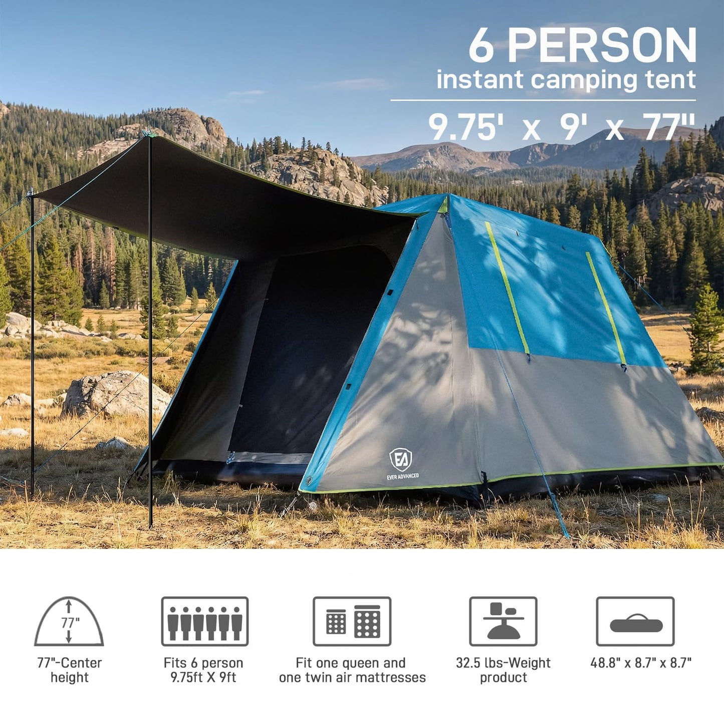 EVER ADVANCED Blackout Design 6 Person Camping Tent, Instant Cabin Tent for Family with Vestibule and Large Mesh Windows, 60s Easy Setup, Double Layer, Water-Resistant Blue