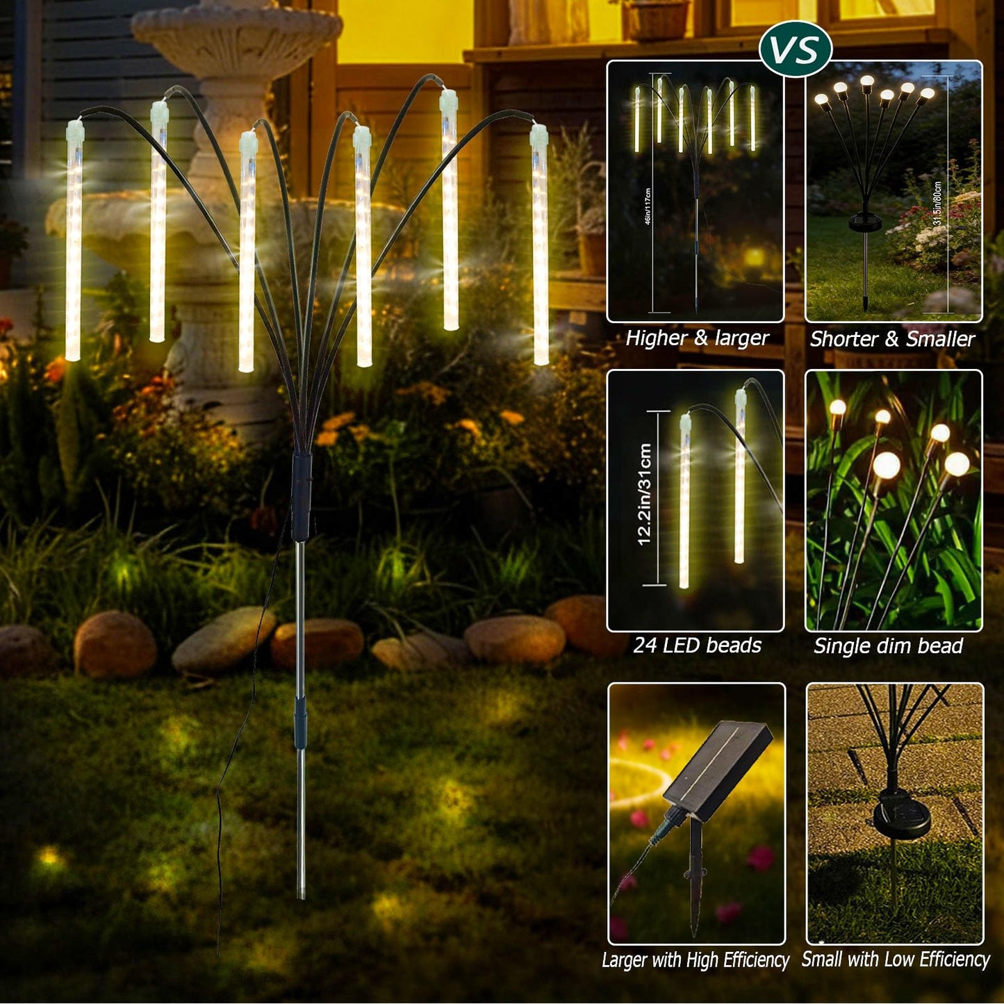 Trunfiste Garden Decor Outdoor Solar Meteor Shower Lights 2Pack 288LED,46" Whimsical Solar Garden Lights with 12 Brighter Tubes,Solar Twinkle Lights Outside for Garden Yard Path Porch Patio Lawn Decor