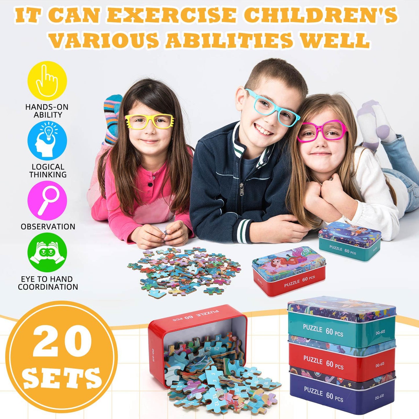 Silipull 20 Boxes Party Favors Jigsaw Puzzles in a Metal Box for Age of 4-8, Wooden Puzzle for Ages 4-8 Boys and Girls Learning Educational Puzzles Toys, 20 Styles