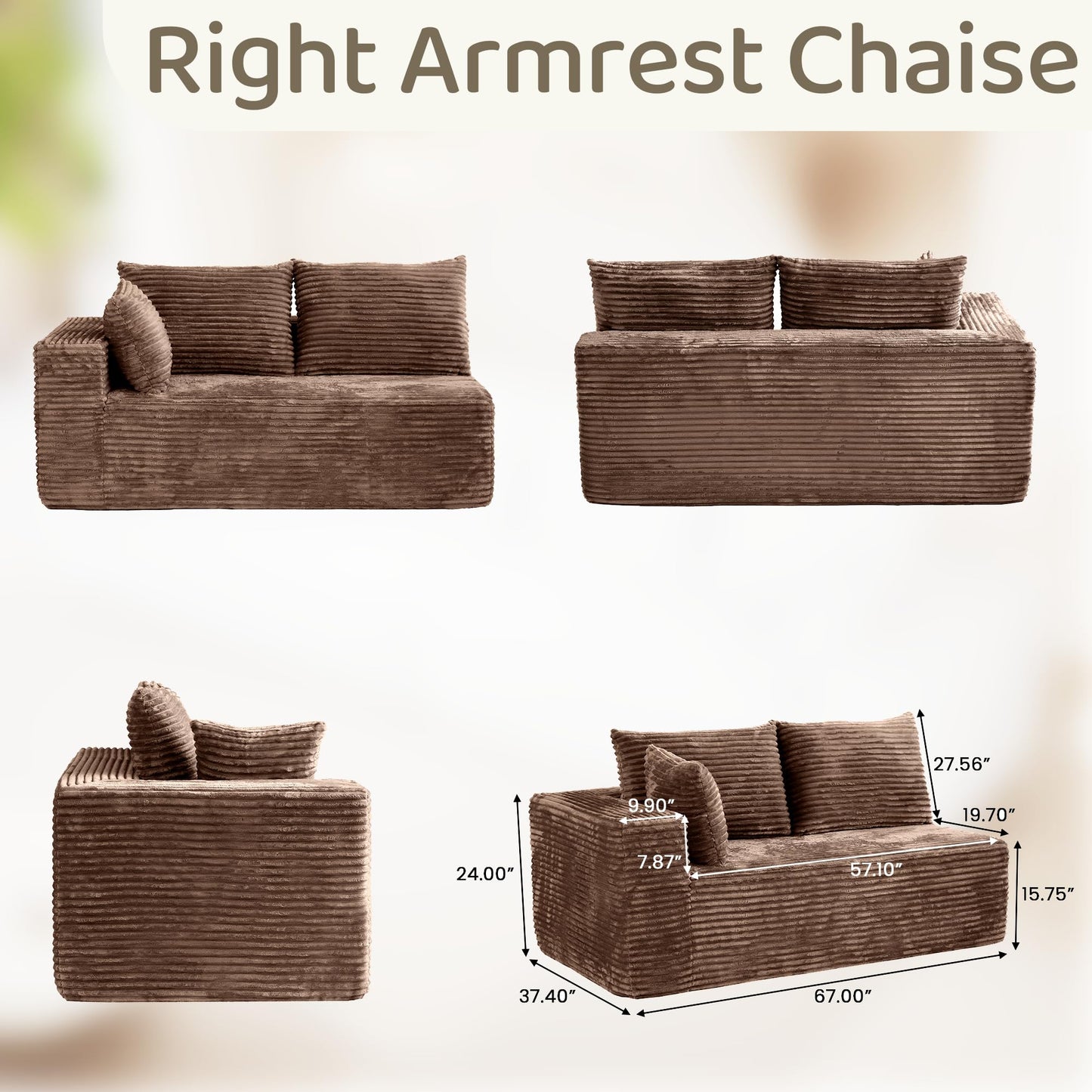 WJShome 134” Modular Sectional Cloud Couches, Upholstered Deep Seat Boneless Sofa for Living Room, Aprartment, No Assembly Required, Brown
