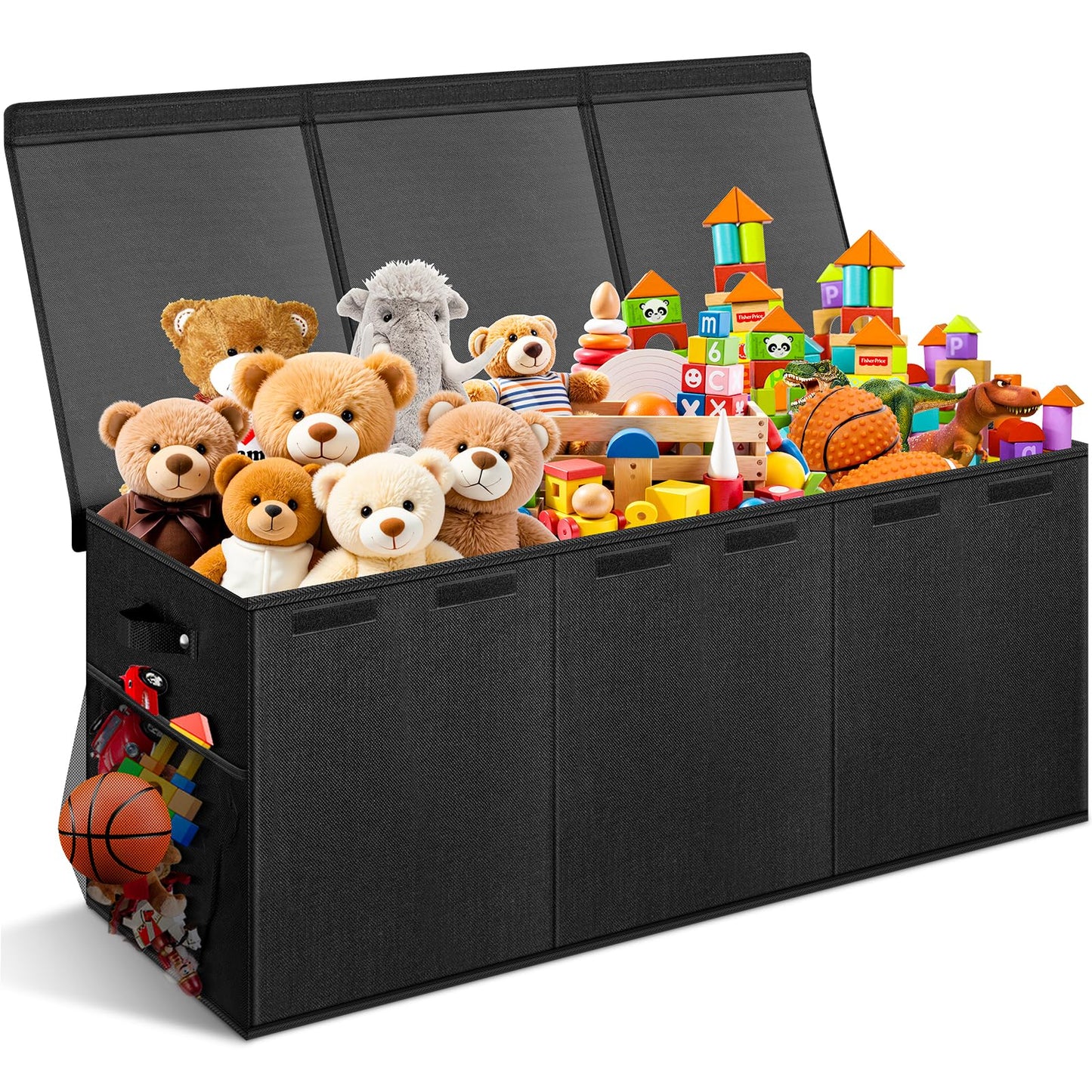 Extra Large Toy Box with Lids - Sturdy Collapsible Kids Storage Organizer Big Bin Chest Basket with Dividers for Boys Girls, Bedroom, Nursery, Living Room, Playroom Organization, 38"x16"x14", Black