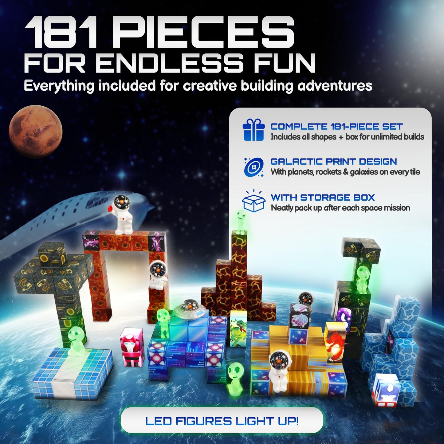 PLAYIQ 181-Piece Magnetic Building Blocks Set – STEM Toys for Kids Ages 3+ | Educational Space-Themed Magnetic Construction Kit with LED Light-Up Cubes | Sensory Gift Toy for Boys & Girls