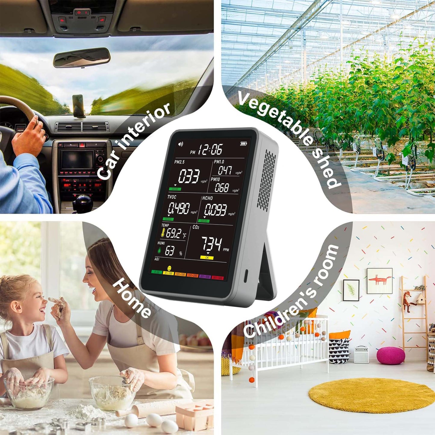 Professional Indoor Air Quality Monitor with AQI, Portable Real-Time Detector for Home Cars Plants and Pets