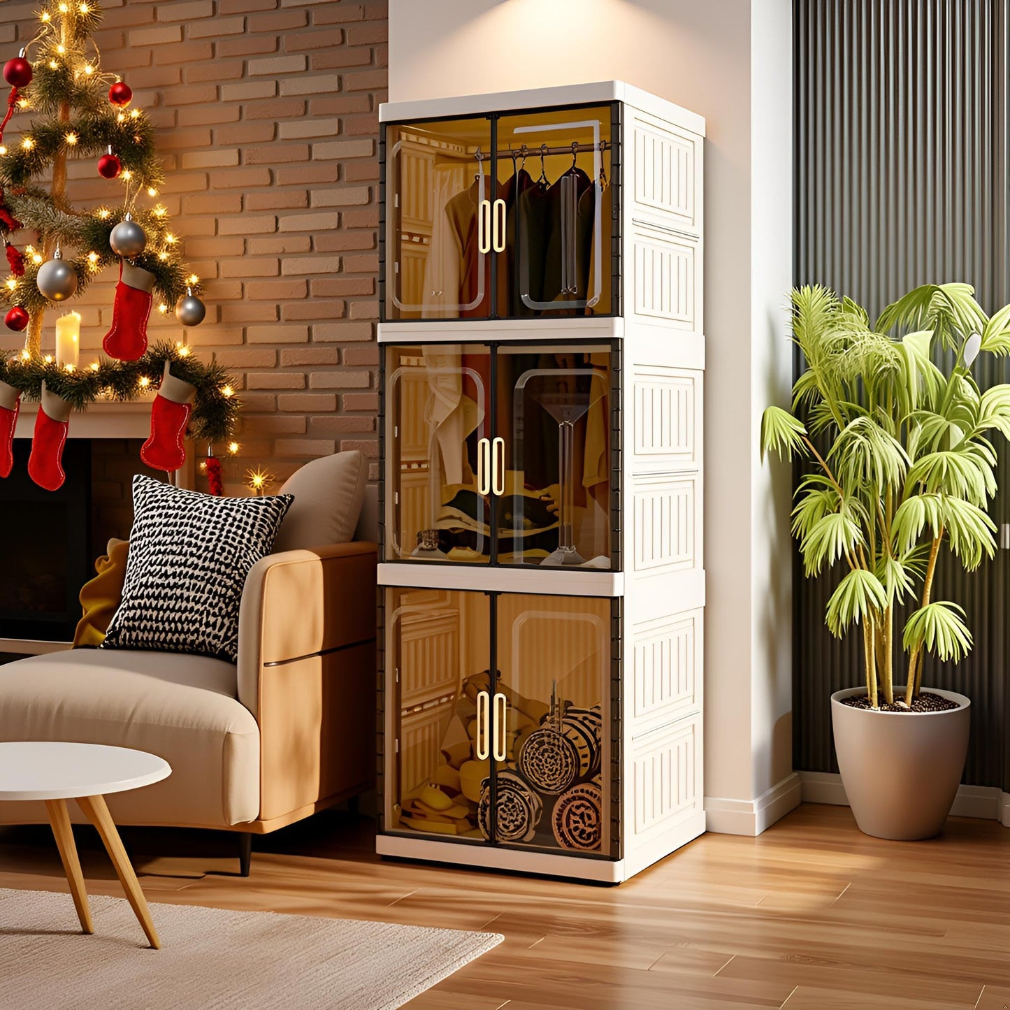 YHB Portable Closet Storage Cabinet, Pet Collapsible Clothes Organizers, White, Collapsible Wardrobe with Visualization Doors, Rolling Wheels for Hanging Long Skirts, Dresses, Suits, etc