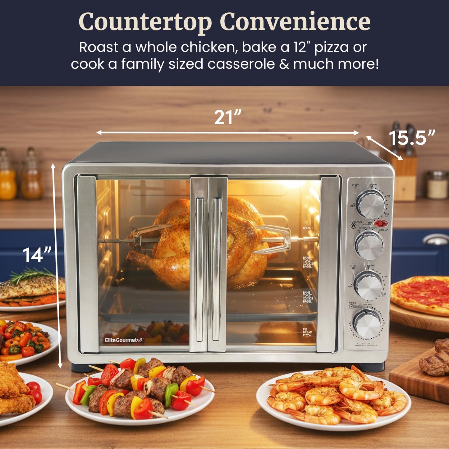 Elite Gourmet ETO-4510M French Door 47.5Qt, 18-Slice Convection Oven 4-Control Knobs, Bake Broil Toast Rotisserie Keep Warm, Includes 2 x 12" Pizza Racks, Stainless Steel