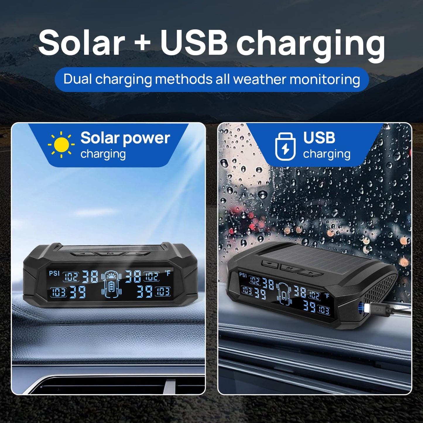 Masoll RV tire Pressure Monitoring System, Wireless TPMS Tire Pressure Monitor System with Solar Charger, RV TPMS with 4 tire Pressure Sensors & 6 Alarm Modes(0-87 PSI)