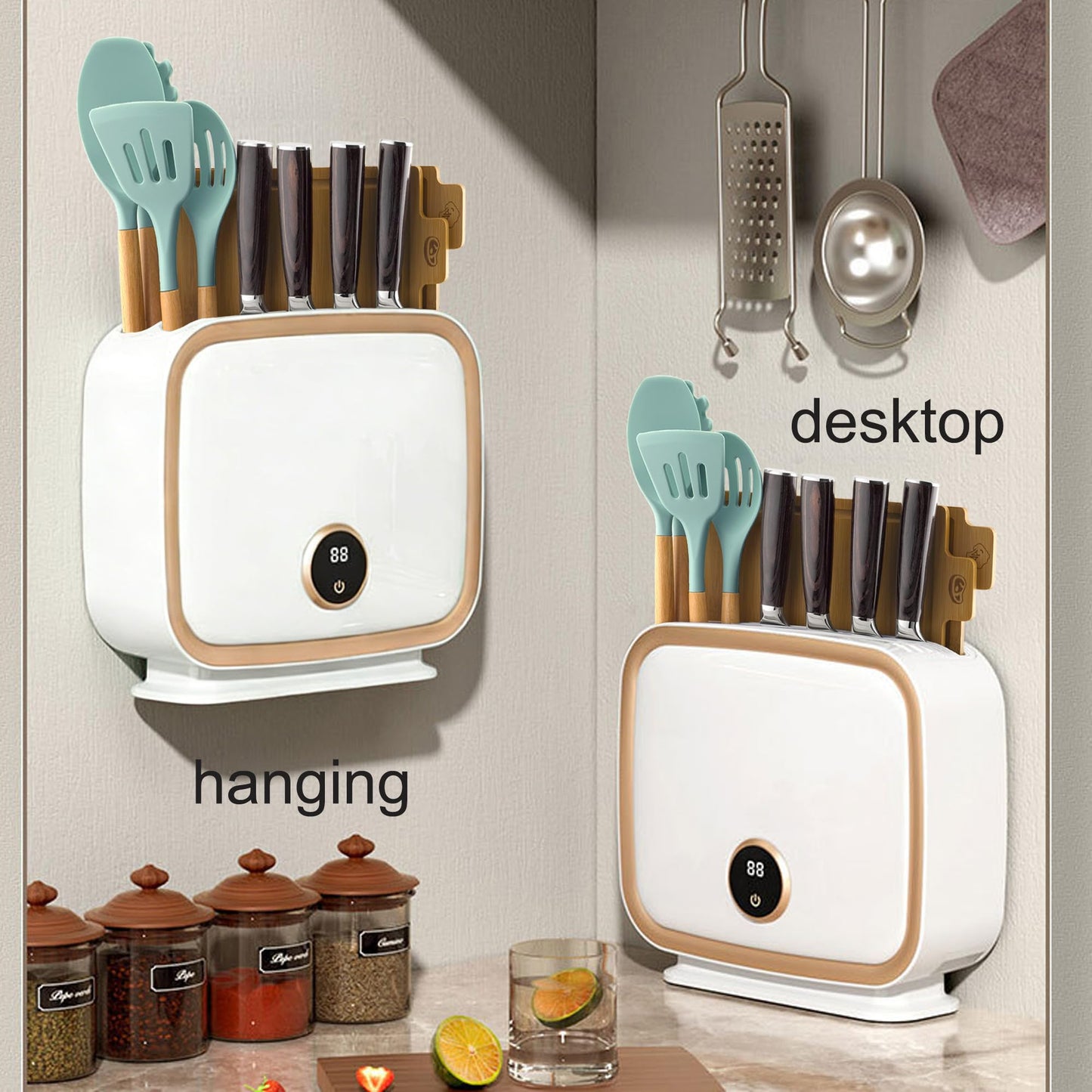 ChefHoablorn Kitchen Knife Block Set 4 Professional Damascus Knives,Beautiful Intelligent Knife Block 110V 70℃Hot Air Drying Cleanliness,with Raw Food Cooked Food Cutting Boards,4 Kitchen Utensils