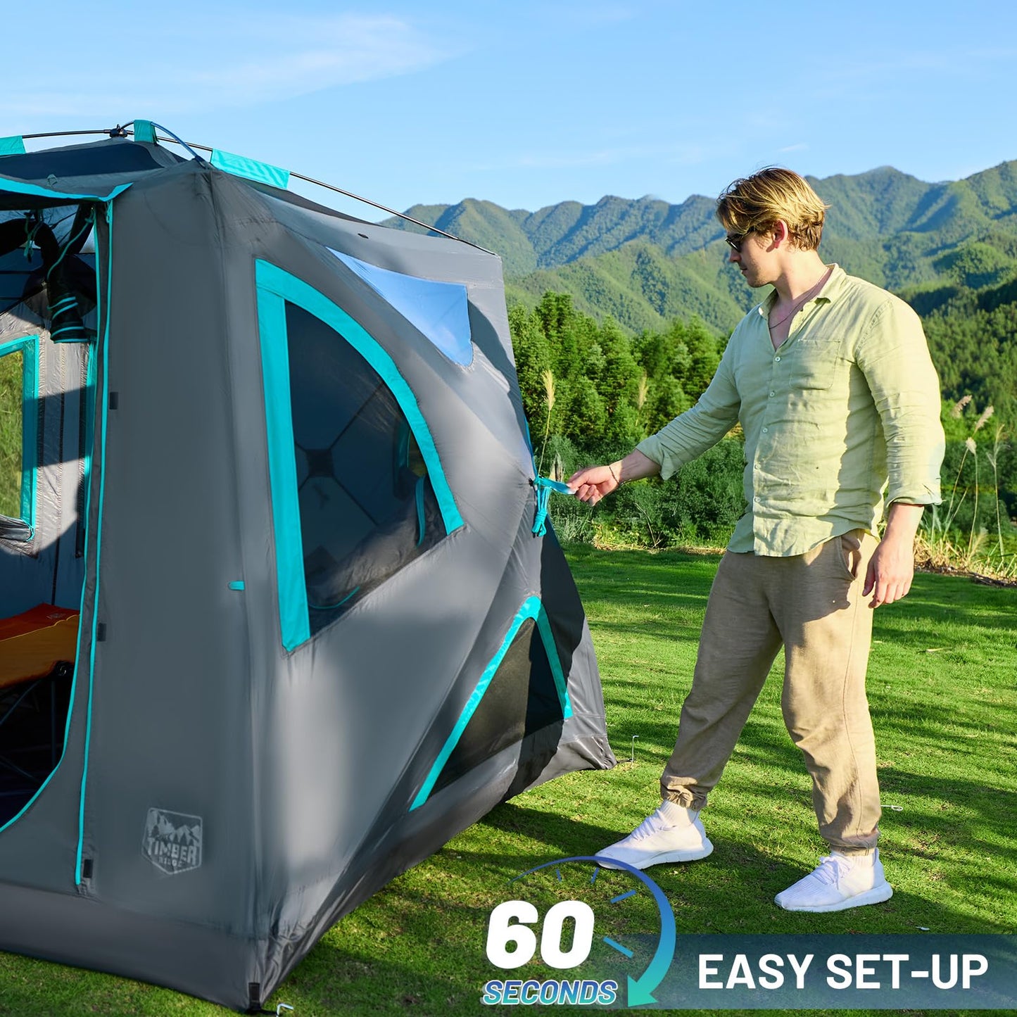 Timber Ridge Camping Tent, 4 Person Instant Pop Up Hub Tent with 8 Windows, Easy 60 Second Setup, Weather Resistant Family Cabin Tents with Rain Fly for Camping, Hiking, Outdoor Travel