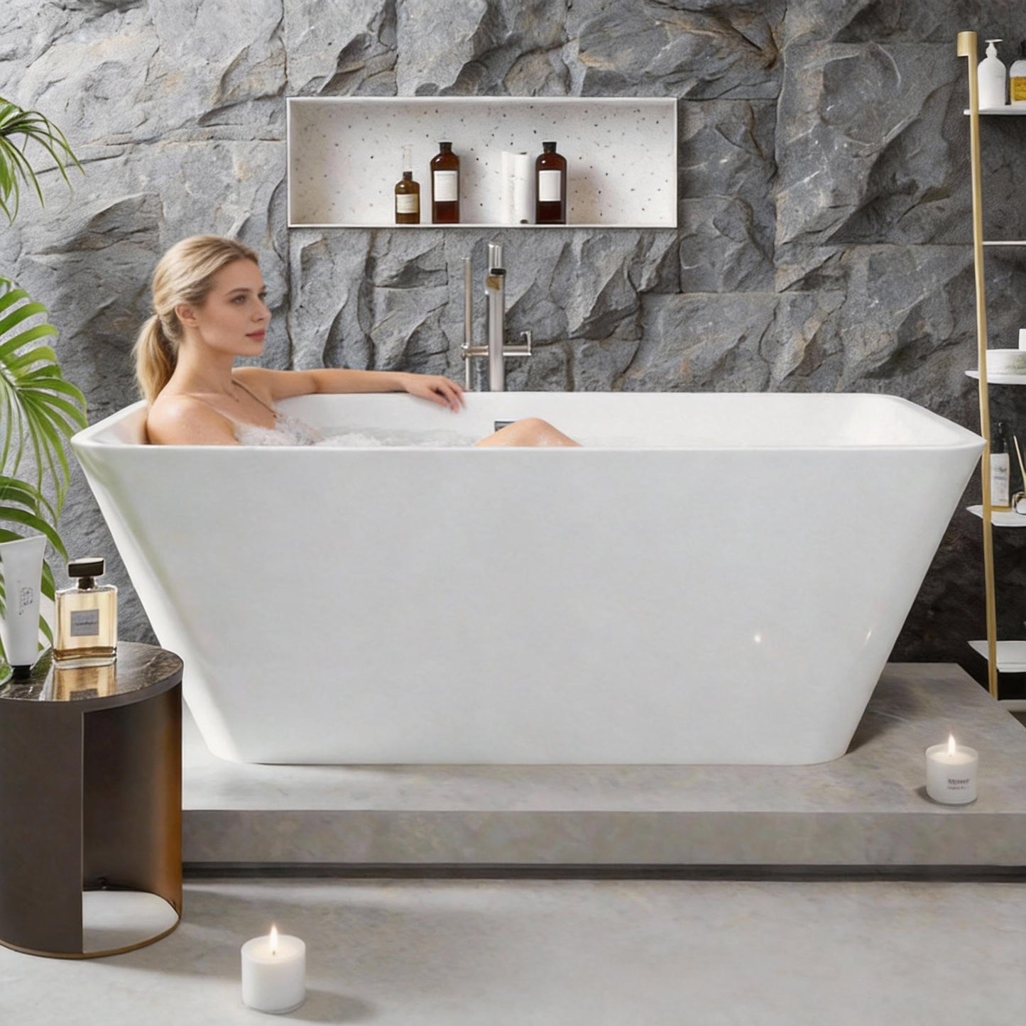 59" Acrylic Freestanding Soaking Tub, Contemporary Design Bathtub, Chrome Overflow & Drain, Easy Installation for Modern Bathroom, White