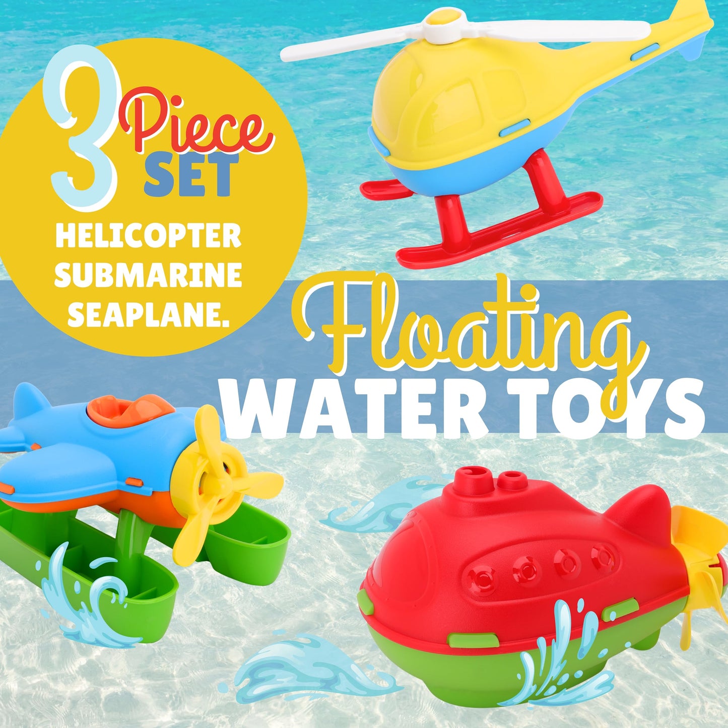 Toyland® Pack of 3 Floating Water, Bathtub, and Pool Toys for Kids 18 Months Plus - Helicopter, Submarine & Seaplane