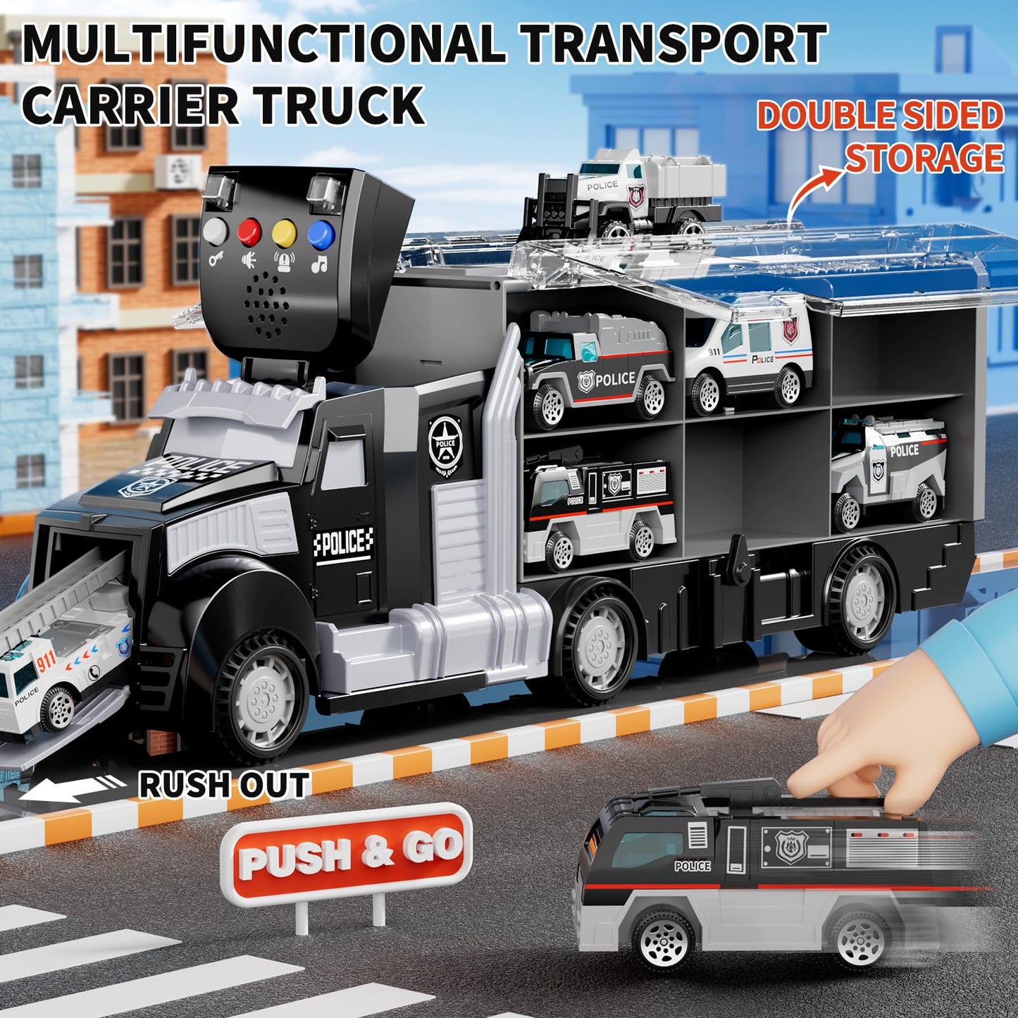 NIPLOOOW Police Trucks Toy Set with Play Mat, Carrier Truck Play Vehicles Set for 3 4 5 6 Years Old Boys Kids, Die-Cast Car Toy for Toddlers 3-4 Years, Birthday Gifts Toys for 3-9 Year Old Boys