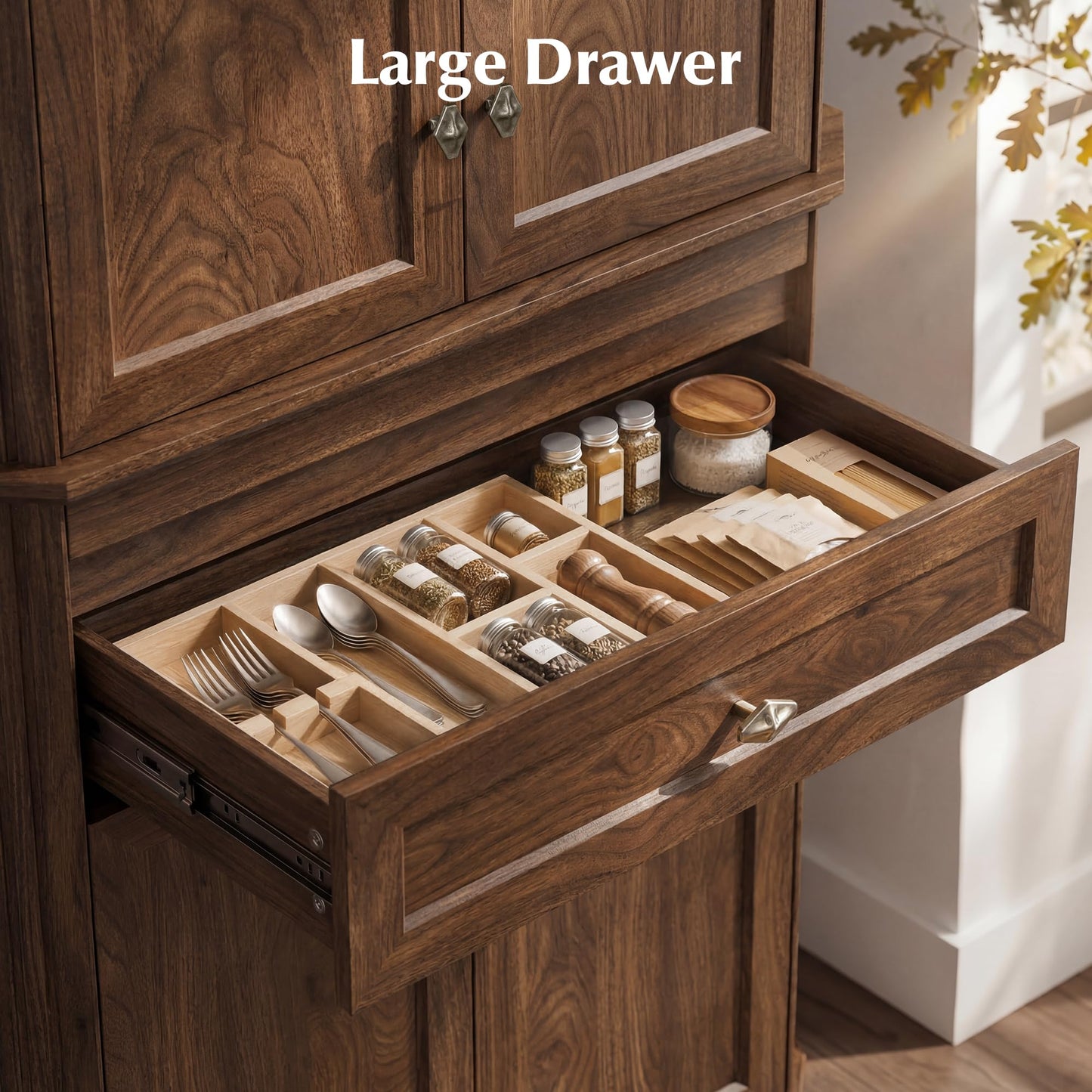 AMBERHAUS 72.2" Tall Kitchen Pantry Storage Cabinet with Doors, Farmhouse Storage Cabinet with Drawers, Adjustable Shelves and Pull-Out Shelves, Walnut Wood Pantry Cupboard for Kitchen, Dining Room