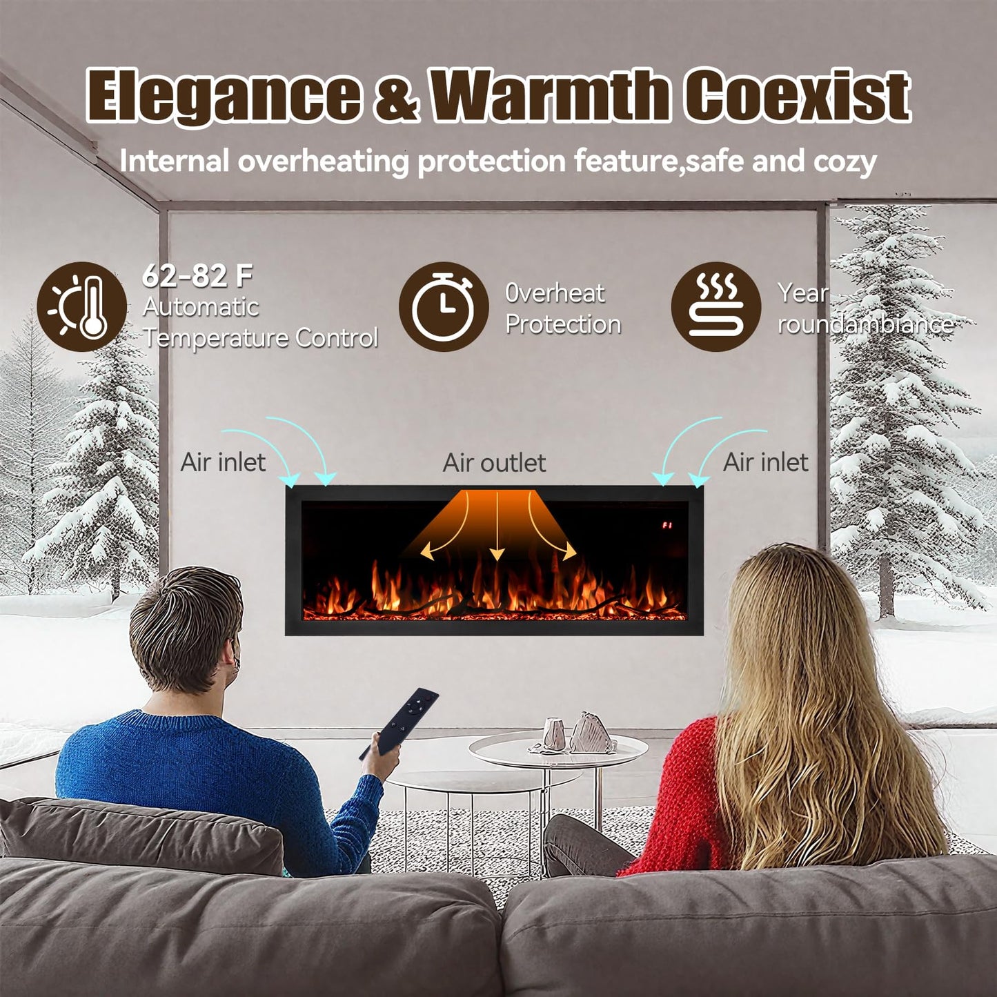 Tuan 60 Inch Electric Fireplace, APP Remote Control Compatible, Wall Mount or in Wall Recessed Fireplace Insert, Color Changing Flames& Embers, Indoor Fireplaces