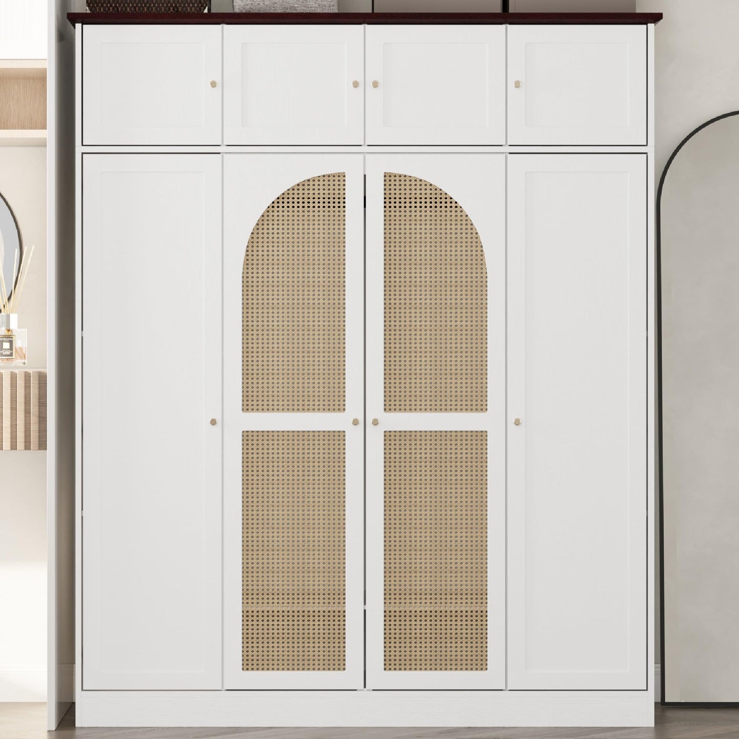 KEIKI Large 8 Doors Wood Wardrobe, Bedroom Tall Armoire Closet Organizer w/Rattan Decorative, Hanging Rails & Adjustable Shelves Clothes Storage Cabinet for Garage & Laundry Room, White