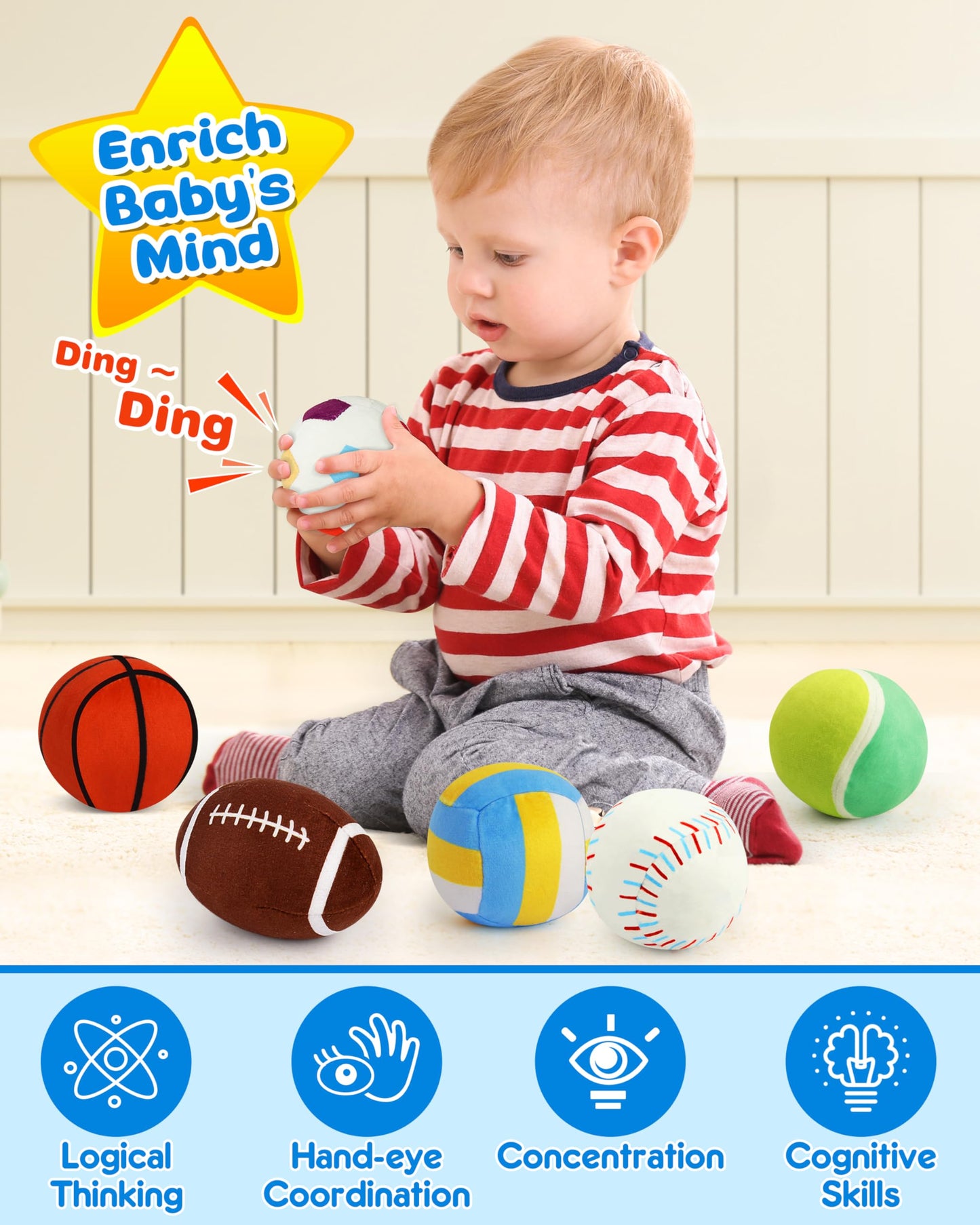 Vanmor Sensory Sports Balls for Babies 6-12M+, 6 Pack Machine Washable Plush Ball Set with Crinkle, Rattles, Squeaky Sounds, Toddler Learning Toys with Travel Bag, Baby Shower Birthday for Newborn