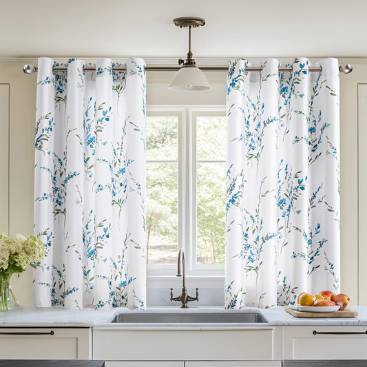 MYSKY HOME 54 inch Floral Curtains, Light Filtering, Thermal Insulated for Bedroom Bay Window, Printed Soft Drapes, Leaf Grommet Darkening, Set of 2 Panels, Sage