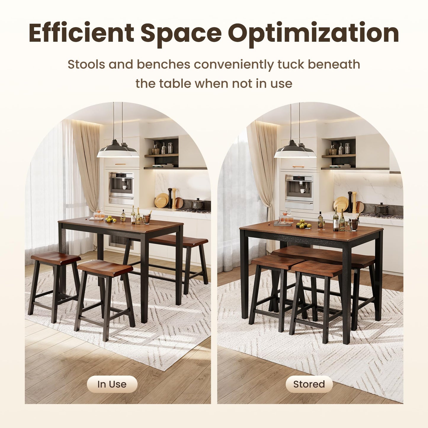 PHI VILLA Counter Height Table and Chairs, Solid Wood Dining Table Set for 4, High Top Kitchen Table Chairs Set of 4, Farmhouse Kitchen Table Set with Bench and Chairs, Walnut with Black