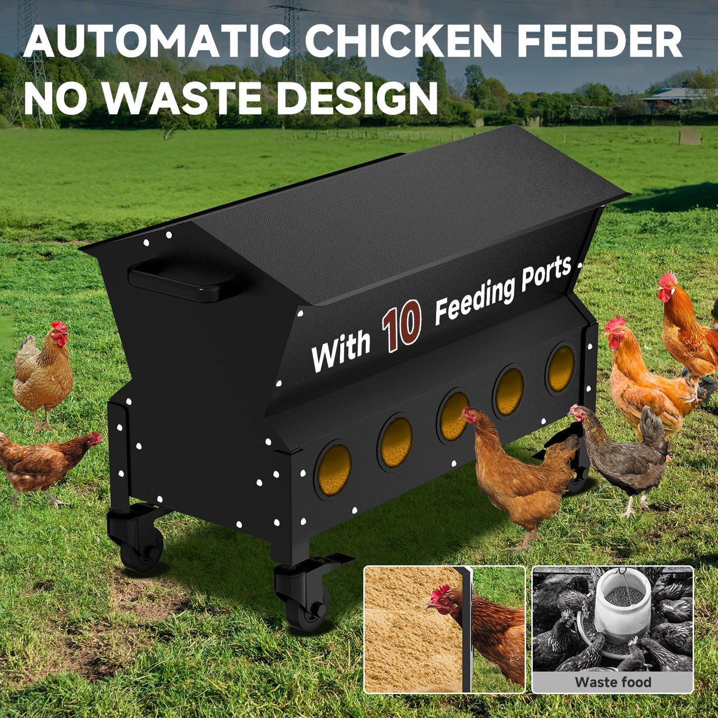 POOAMY Portable Metal Chicken Feeder with Waterproof Lid, Freestanding Chicken Feeding Box with 150 lbs Large Capacity for Chickens, No Waste Gravity Poultry Feeder, 4 Lockable Wheels for Moving.