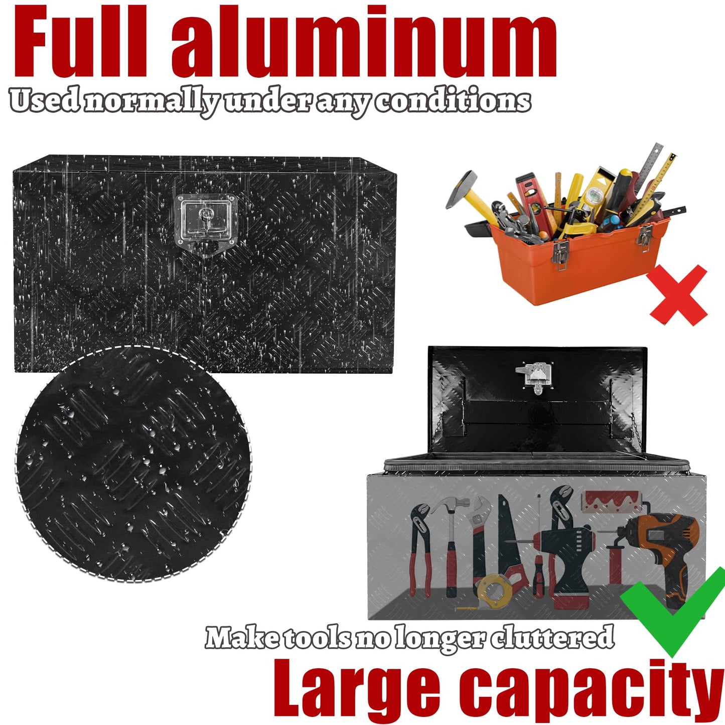 Fsehyue 30x14x16 Inch Aluminum Truck Tool Box Heavy Duty Pickup Storage Box Underbody Truck Box Diamond Plate Toolboxes with Lock and Keys Suitable for Truck Bed Pickup RV Trailer Black