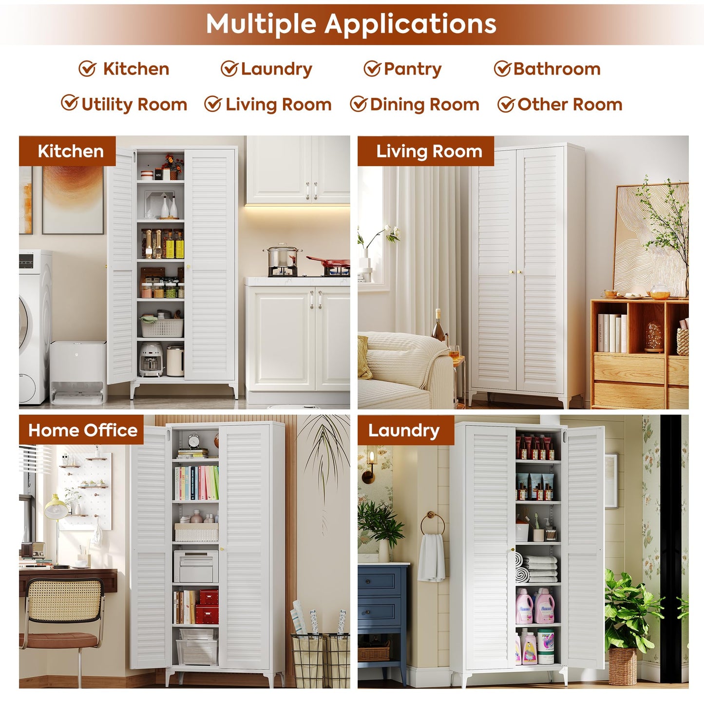 GangMei Metal Kitchen Pantry Cabinet with 2 Doors,Metal Pantry Cabinet with 5 Adjustable Shelves for Kitchen,Home,74.2" H × 31.5" W × 15.75" D,Required Assembly, White