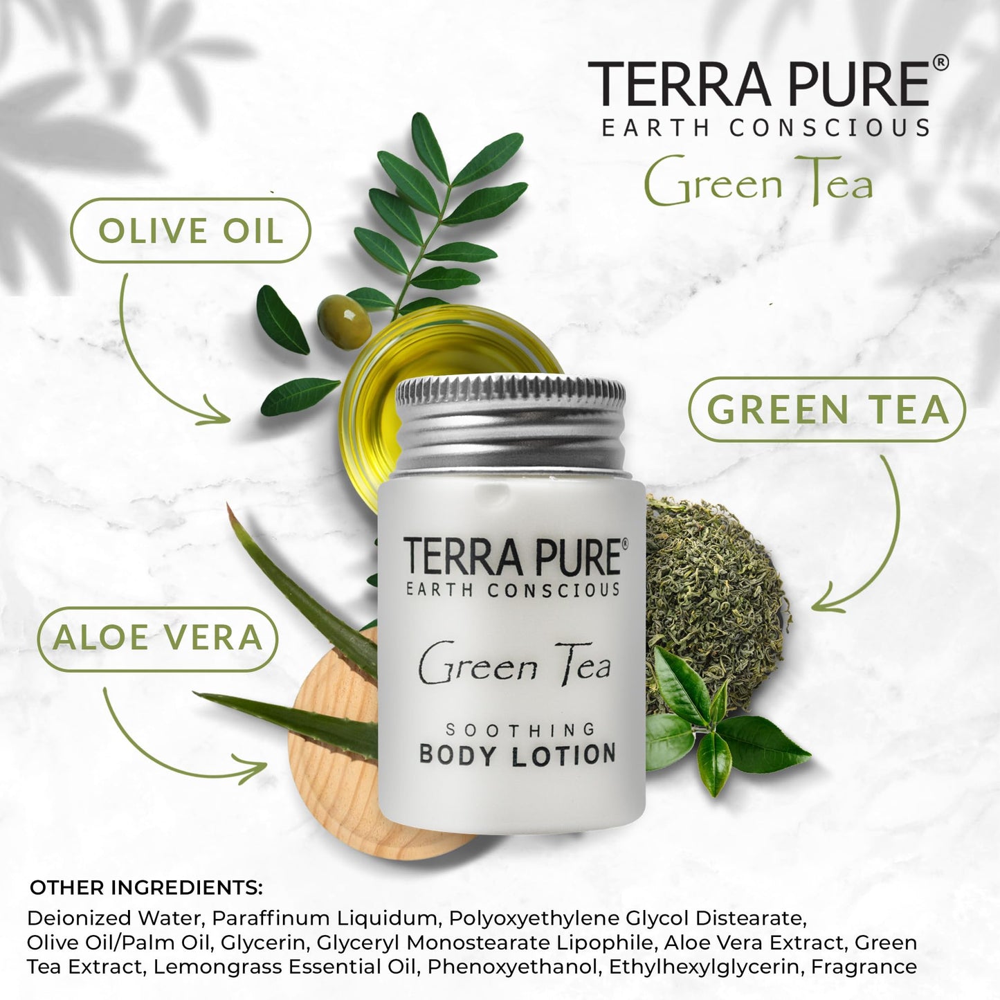 Terra Pure Travel Size Hotel Body Lotion 300 Count 1 oz Bottles Guest Amenities for Hotels Vacation Rentals and Short Term Rentals Paraben Free Green Tea Scent Infused with Aloe and Olive Oil