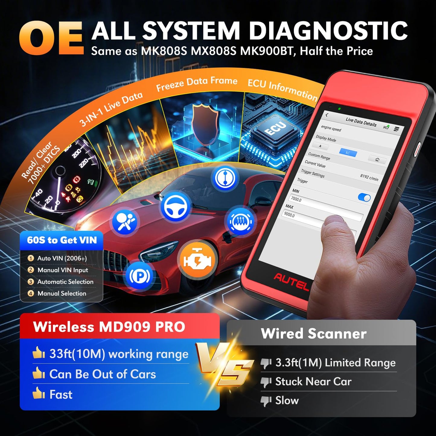 Autel MD909 PRO MaxiDiag OBD2 Scanner, 2026 MD909PRO BT Lite of MaxiCOM MK808S MX808S MK900, CAN FD, All System Diagnostic Tool, Up of MD906 PRO MD808 MD806, 11 Service, Battery Test, Free Update, FCA