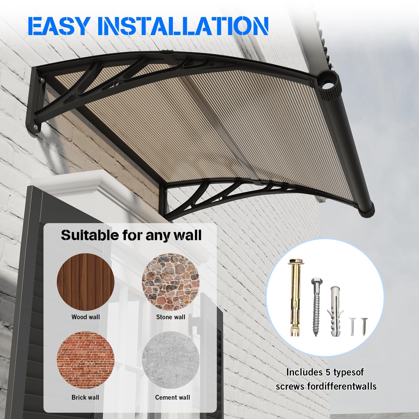 Awning for Door Entrance with Drainage Sink,32x80 Inch Awnings for Doors,Window Canopy Exterior with Plastic Steel Bracket,Polycarbonate Cover,UV,Rain,Snow Protection for House,Porch,Patio,Deck