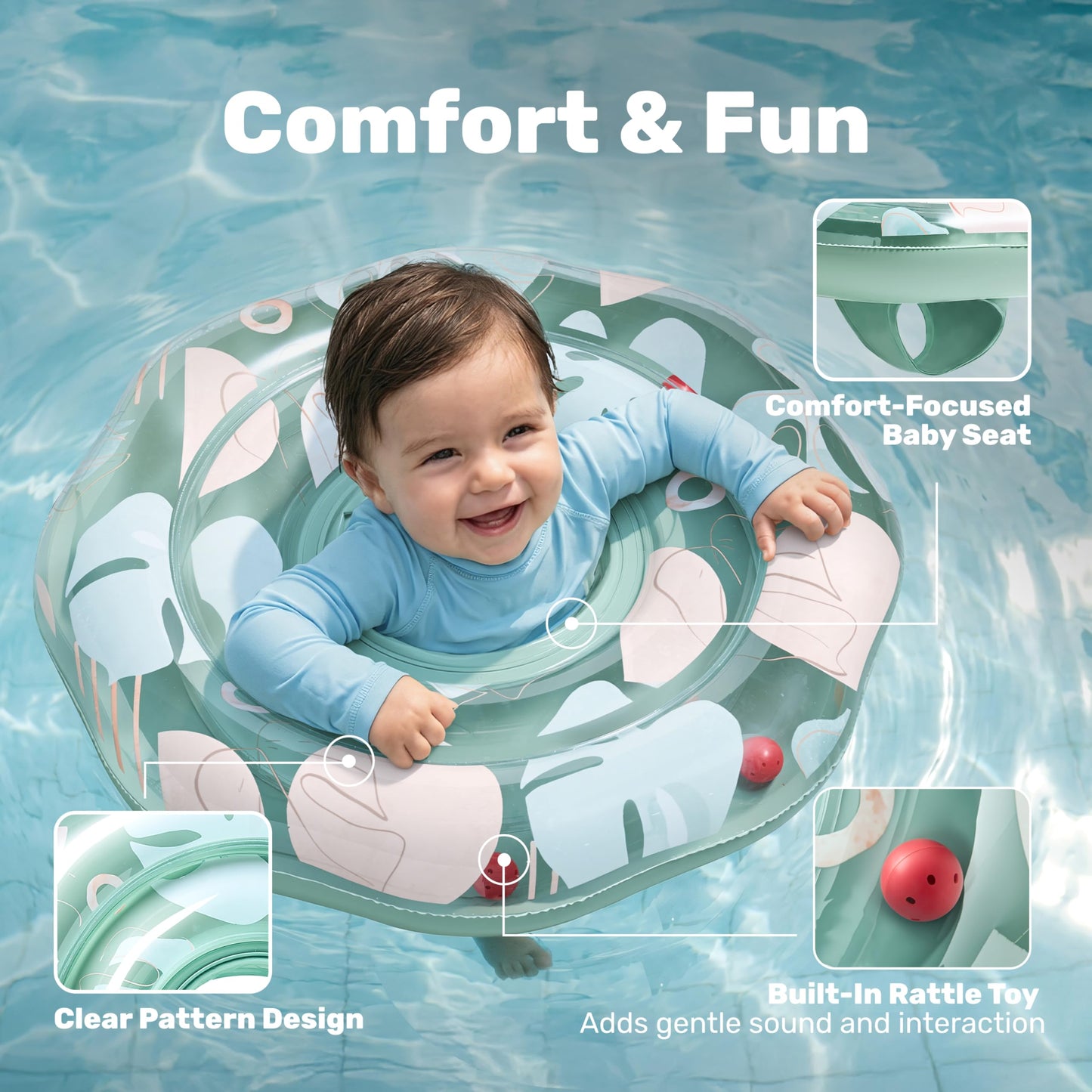 Sloosh Baby Pool Float with Double Air Chambers, Inflatable Baby Swimming Float with Safety Seat, Tropical Leaves Design Toddler Infant Swim Float Ring Swimming Pool Accessories for Age 6-36 Months