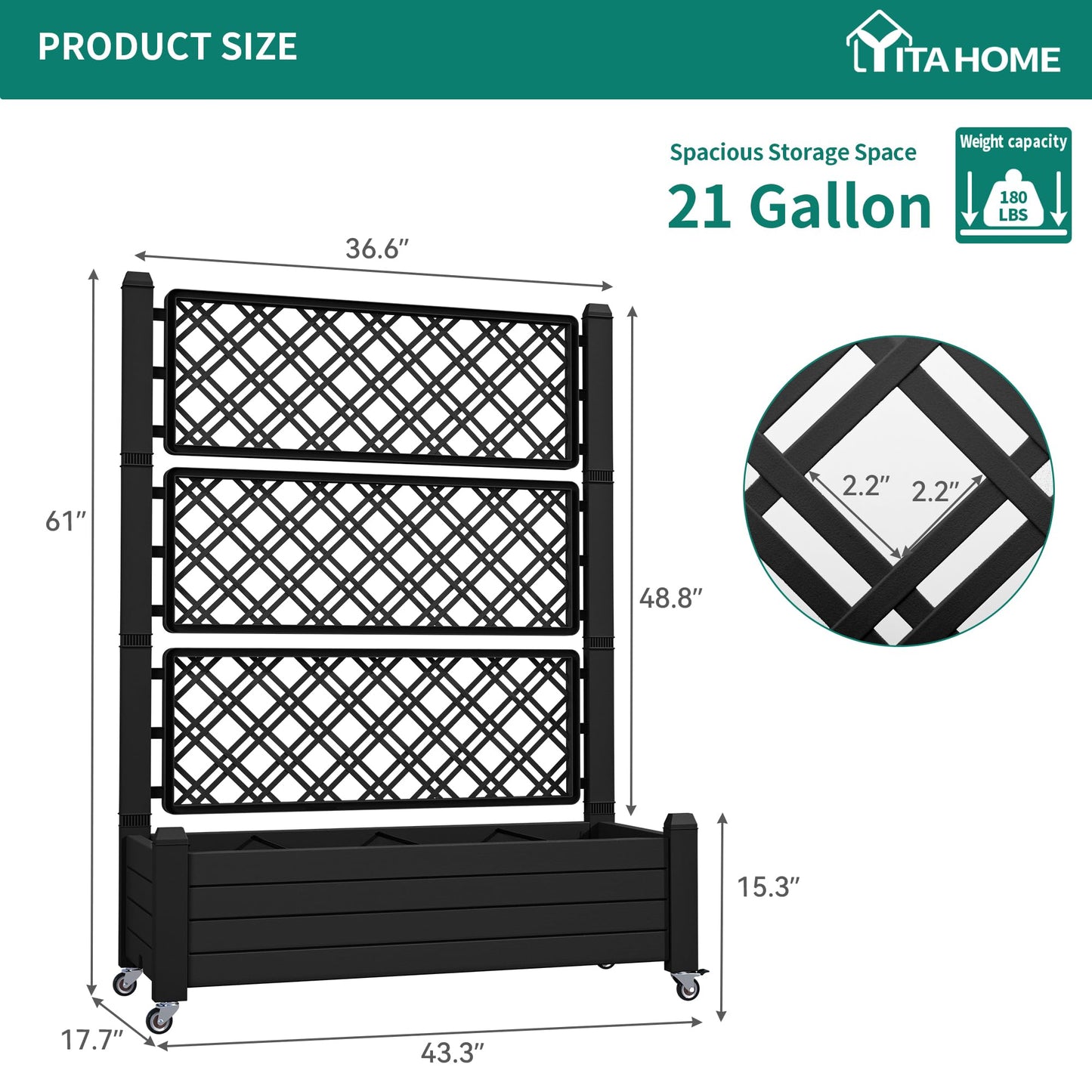 YITAHOME 43.3x17.7x61 in Planter Boxes Outdoor with Trellis 2pcs Resin Raised Garden Bed with Wheels & Drain Plug for Climbing Plants, Weather-Resistant Outdoor Privacy Screen, Black