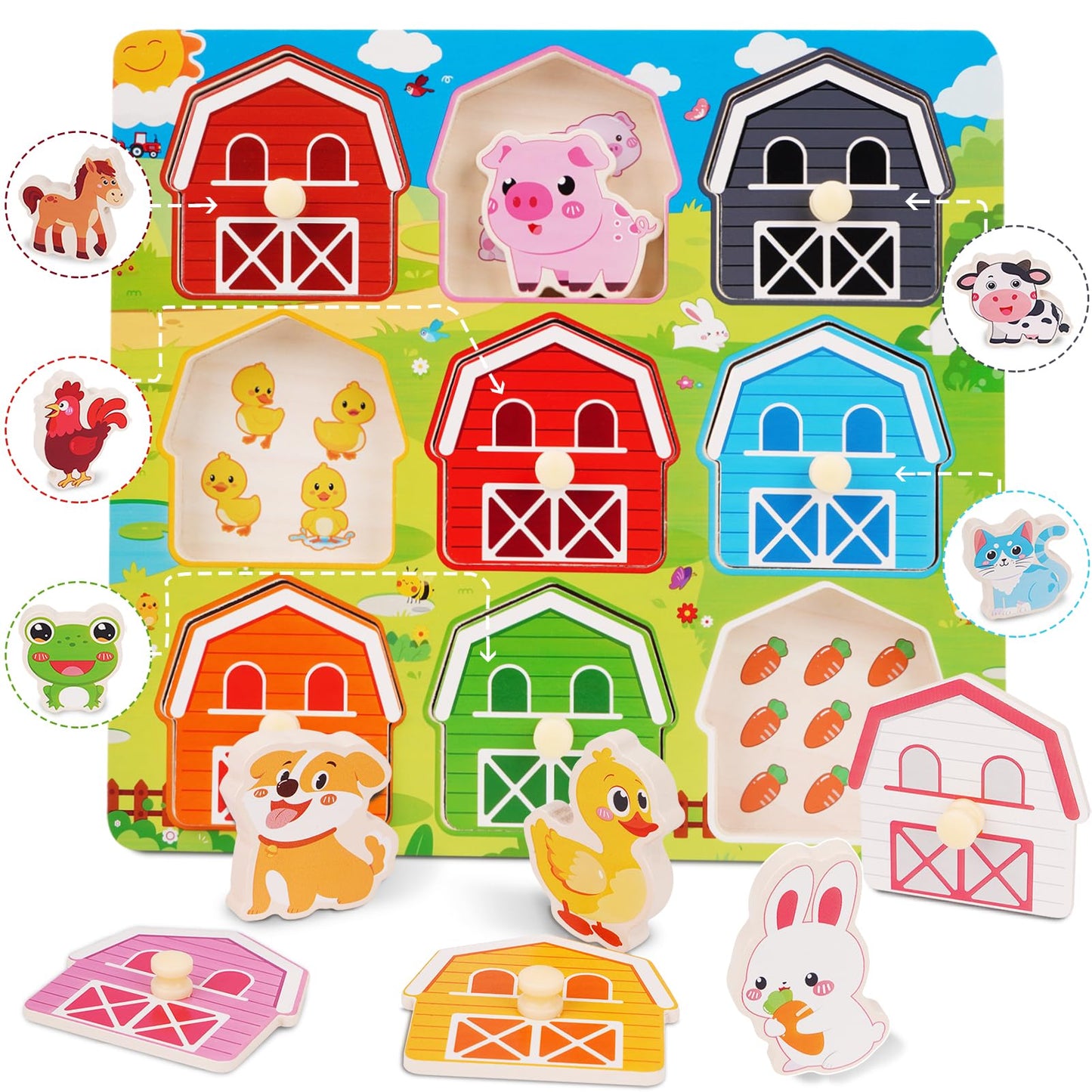 Toddler Wooden Puzzles Ages 1-3, Montessori Toys for 1 2 3 Year Old Boys Birthday Gifts, Farm Animal Peg Puzzles for Toddlers Age 2-4 Girls - Preschool Learning Activities