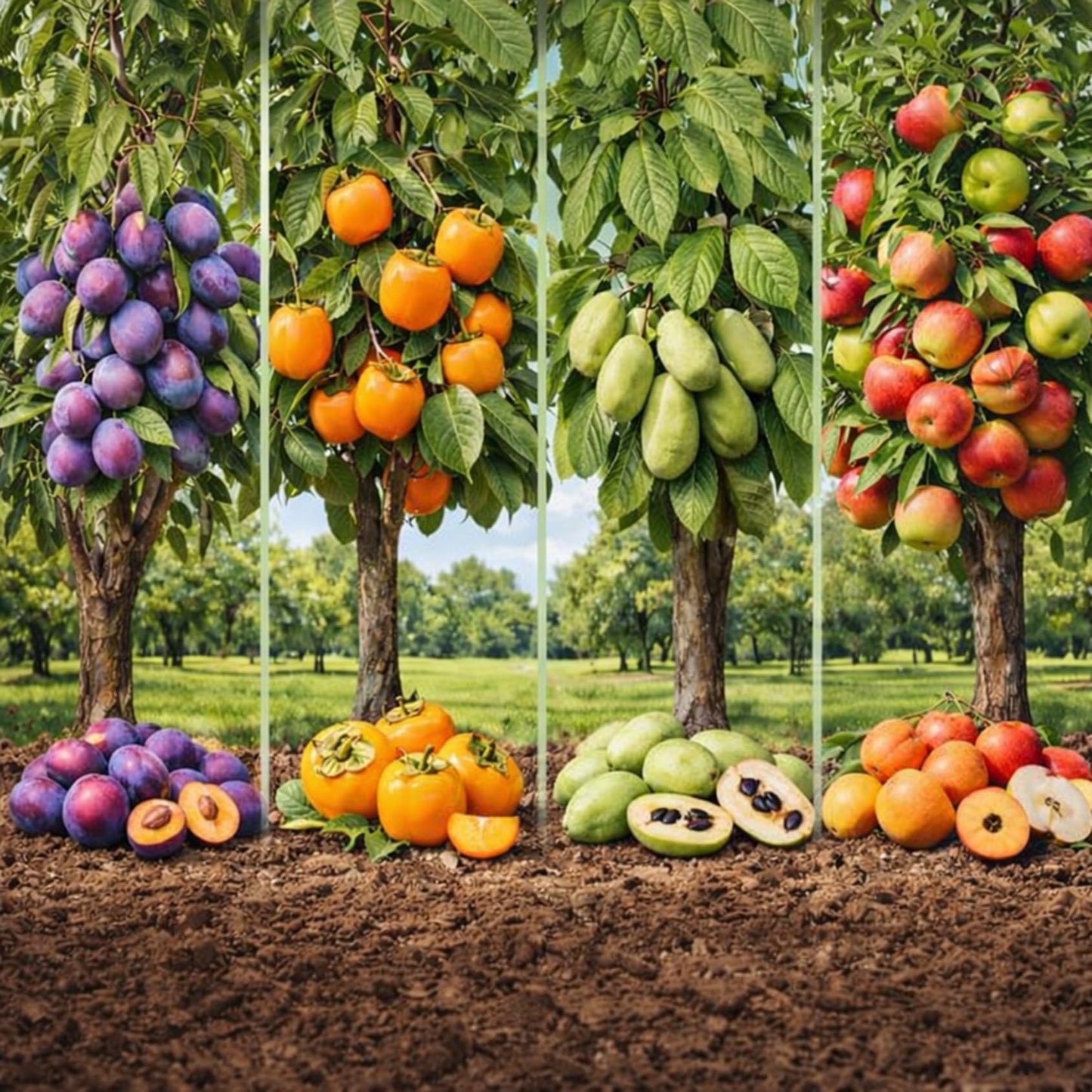 Live Fruit Tree Saplings Bundle (1 Plum, 1 Persimmon, 1 Pawpaw, 1 Apple) – Edible Fruit Tree Bundle – Backyard Orchard Starter Kit – Hardy Outdoor Live Plants – Grow Your Own Fresh Fruit
