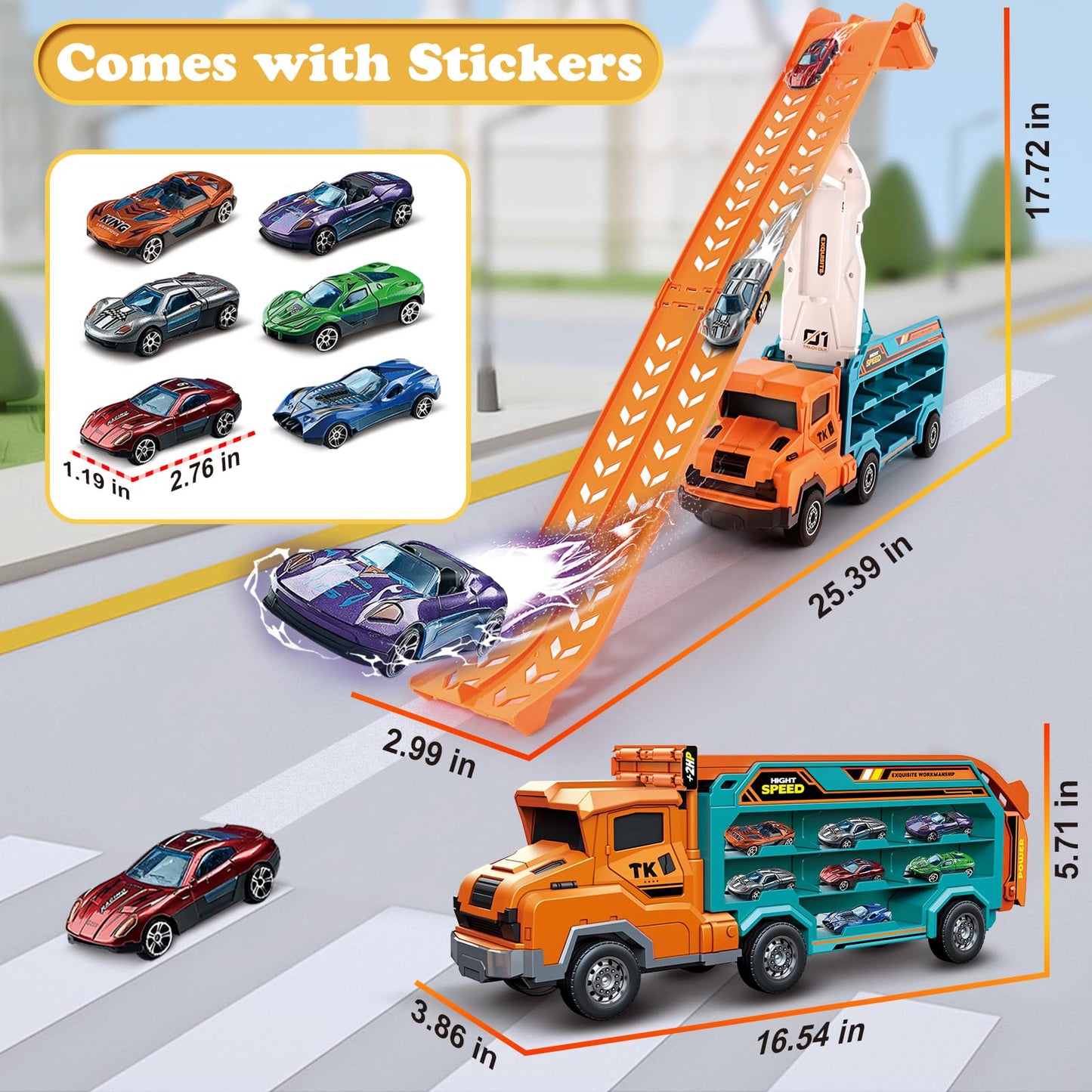 Toddler Car Truck Toys,Car Carrier Truck Toy for Kids Age 3-5 4-8,Foldable Car Track Sets with 2.8-Ft Race Track and 6 Die-Cast Race Cars, Truck Toys Gifts for 3 4 5 6 7 8+ Year Old Boys Girls(orange)