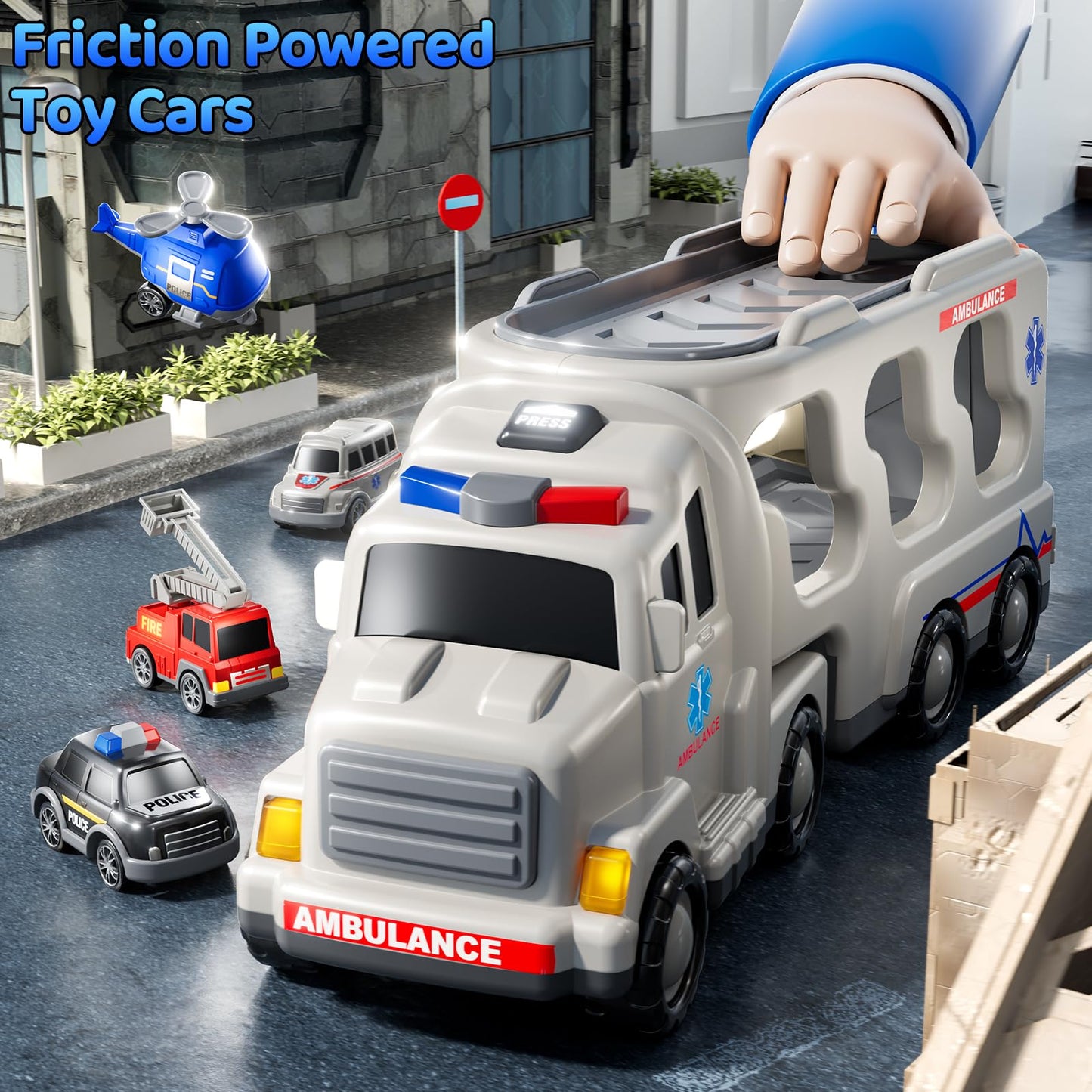 KIZONLY Ambulance Truck Toys Set for Kids Toddlers 1-3 3-5 Years Old, Carrier Truck Playset with Toy Cars, Light and Sound, City Learning Toys for Toddlers, Birthday Gifts for Boys Girls Aged 2-4 4-8